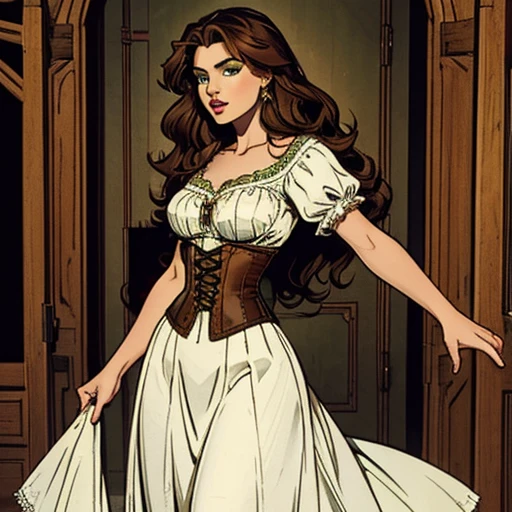 Slave girl in old dress with hazel eyes and brown hair barefoot bondage walking in wrist and ankle shackles