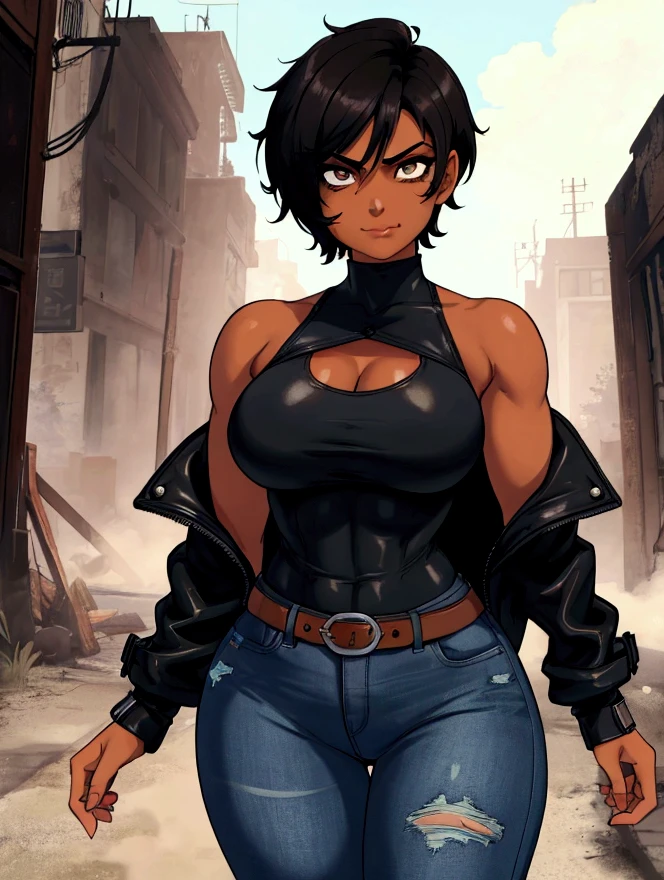 ((best quality)),((highly detailed)),masterpiece,absurdres,detailed face,beautiful face,(detailed eyes, deep eyes),(1girl),((dynamic pose)), 1girl, solo, 26 years old, tomboy, (shiny skin), (midriff:1.2), (tan-bronze skin), (Yellow eyes), short black hair, medium breasts, (Cleavage), (Wearing: blue jacket, choker, Strapless black top, Belt, Black shiny leather pants), tight fitting clothing, piercings, toned, hourglass figure, athletic, snarky expression, wide smile, (agile physique:1.1), (Character Focus),Perfect Anatomy, Looking at Viewer
