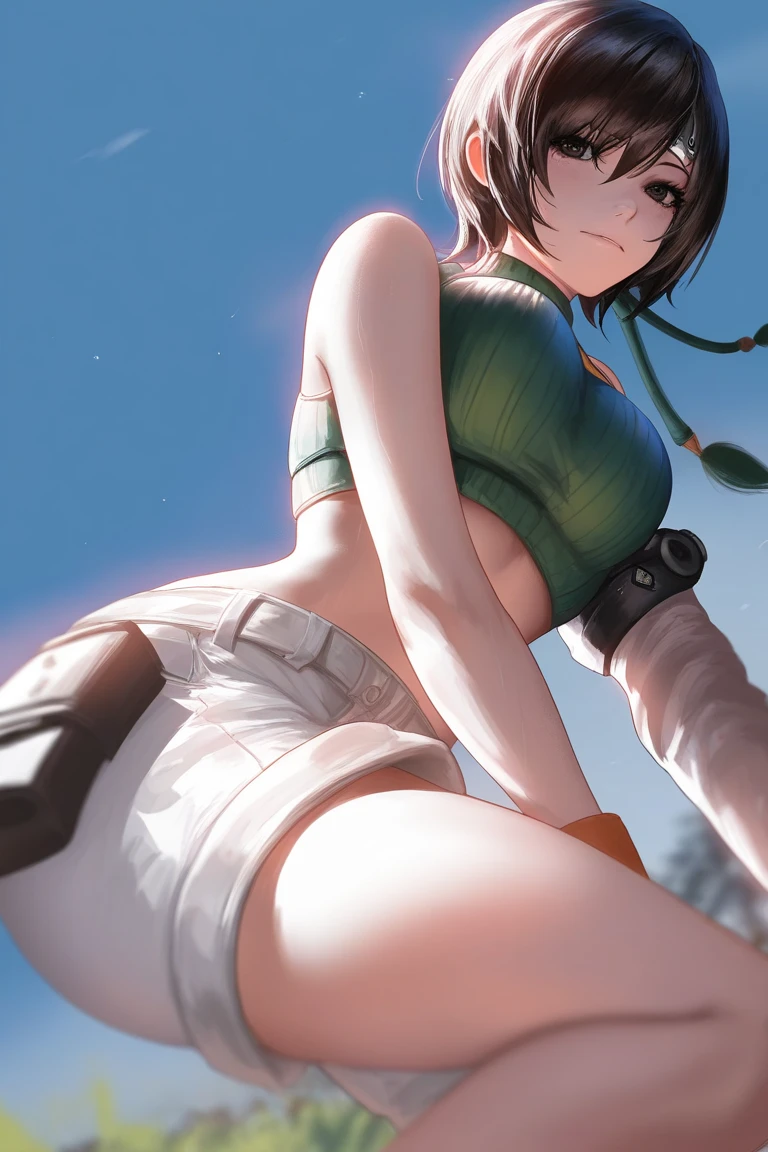 score_9, score_8_up, score_7_up,,BREAK source_anime, standing, legs apart, bent over, upside-down,straight-on,medium shot,looking_at_viewer,1girl, yuffie kisaragi, final fantasy, short hair,headband,navel,sleeveless,turtleneck,brown eyes,sleeveless turtleneck,solo,breasts,,smile,gloves,crop top,brown hair,shorts,midriff,,sweater,open fly,fingerless gloves,ribbed sweater,medium breasts,yufi_kisaragi,grin, (best quality),(aesthetic,very aesthetic),(masterpiece, highres), (anime screenshot:0.8),