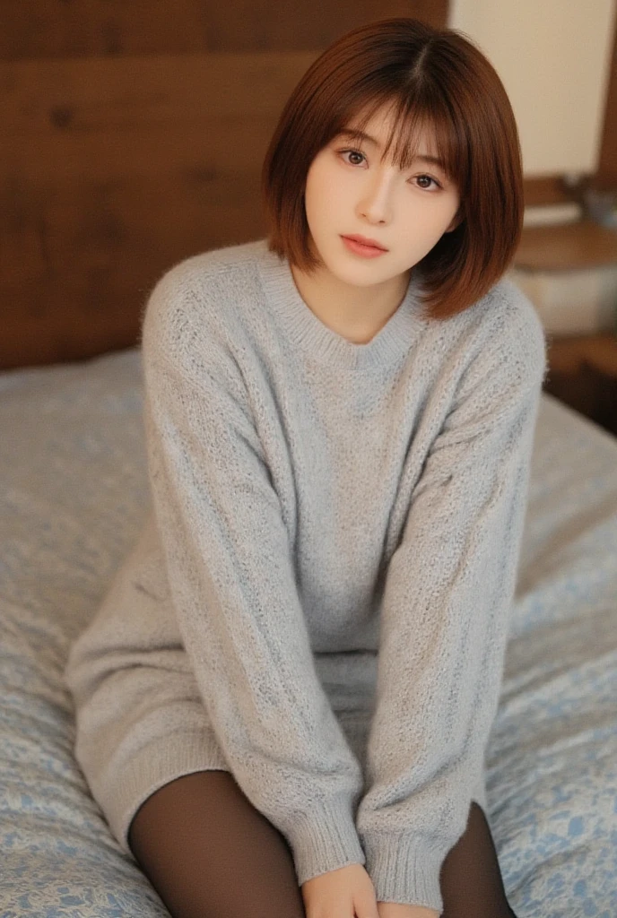 masterpiece , Highest quality , Very detailed , 8k , photograph ,Cute Woman , 18-year-old, 1 girl , Loungewear, bangs , smile ,  , Symmetrical eyes , Brown Hair , Bobcut , Detached house、My Room