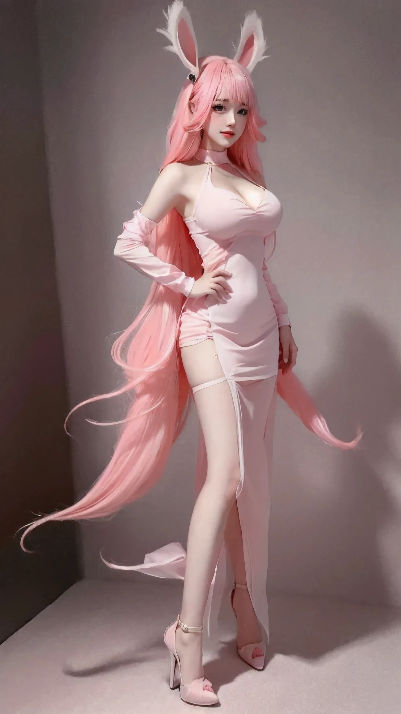 8k, Surreal, masterpiece, best quality, Super detailed, high resolution, random background, 1個Giant Breast Girl, (:1.5), Willow Yao, random clothes，translucent，pink hair，stand，whole body，High heel，High heel，whole body，white silk