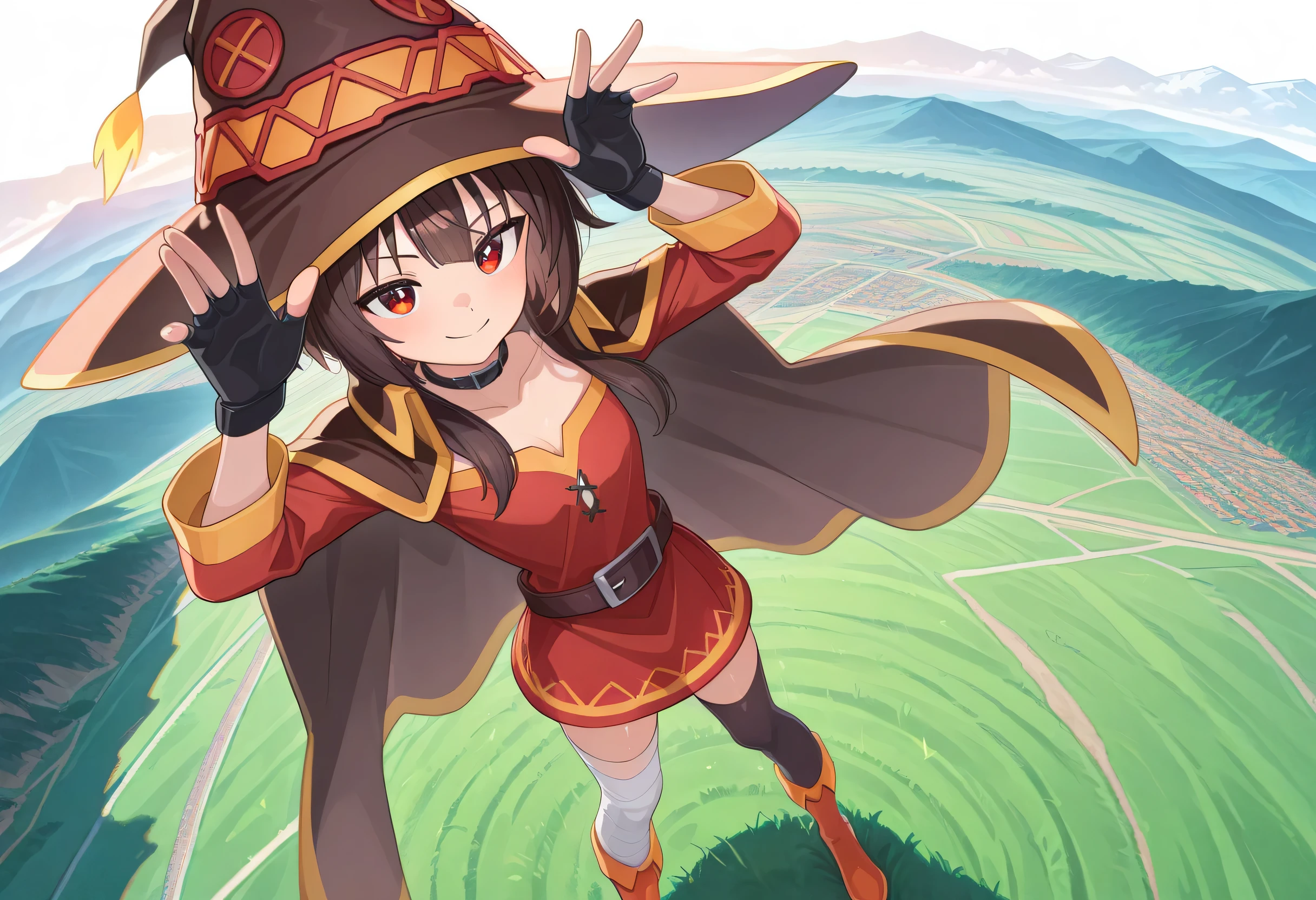 1 girl, Megumin, Red Smile 、CSized breasts、Eyes, Short hair to long hair, tea hair, red dress, black choker, fingerless gloves , belt, black gloves, Single Knee High , black knee-highs, Bandaged legs , boots, color, Cape, witch hat , rabbit pose 、 perspective, Watch Your Audience, grassland,On top of the mountain、 dynamic pose, arched back , standing, from above, Dutch angle, Outdoors, ãã©ã¹ , null, colorful, shiny skin with s, Masterpiece, best quality , Great Quality, very aesthetic, Dumb , up to date, scenery, ( volumetric lighting:1.1), allows depth of field