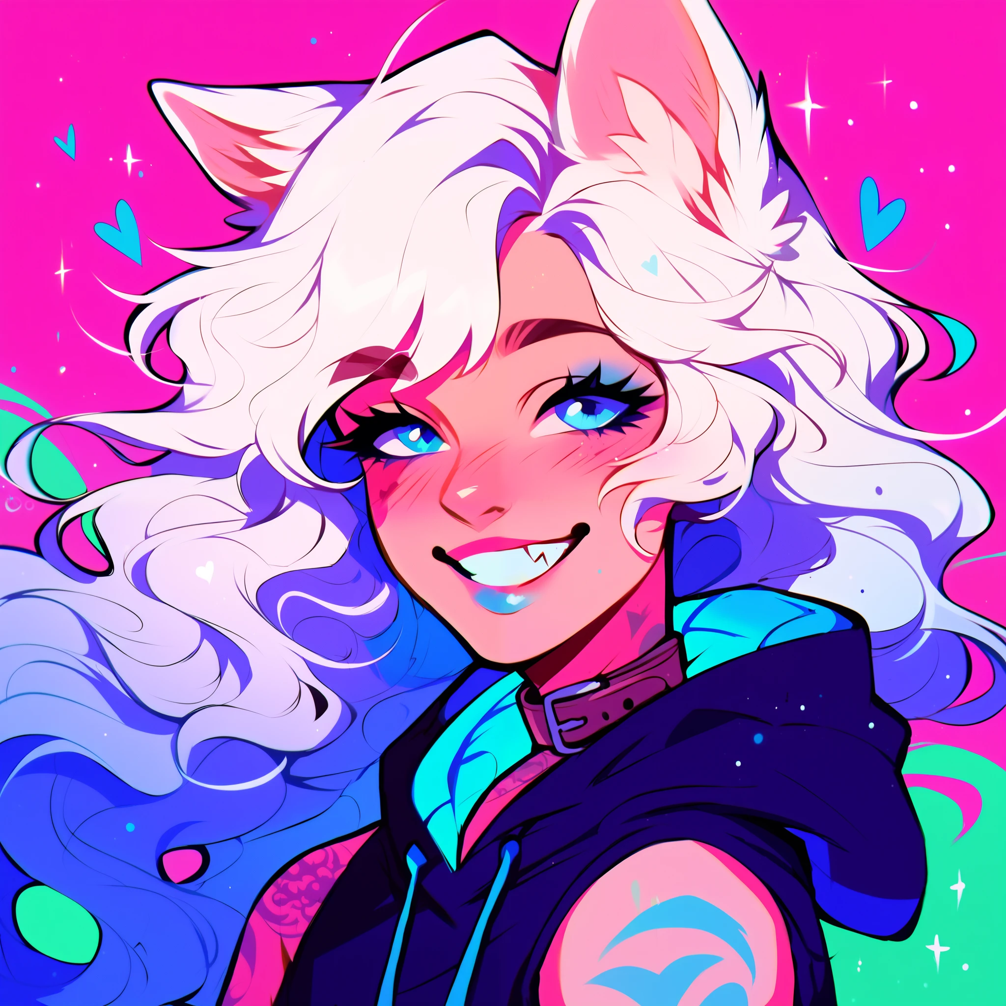 score_9, score_8_up, score_7_up, score_6_up, score_5_up, score_4_up, did vaporwave style, a male femboy with very long wavy white hair with blue highlights, has big fluffy wolf ears, has a wolf tail, wearing a thick brown collar with a heart hanging from it, wearing a sleeveless cropped black hoodie with something cute on it, wearing denim short shorts, has blushy cheeks, has blue lipstick on, has tattoos, wearing fishnet stockings, smiling, showing wolf canine teeth, glowing blue eyes, bubbles, floating hearts, shown from the waist up, showing upper body, showing arm tattoos