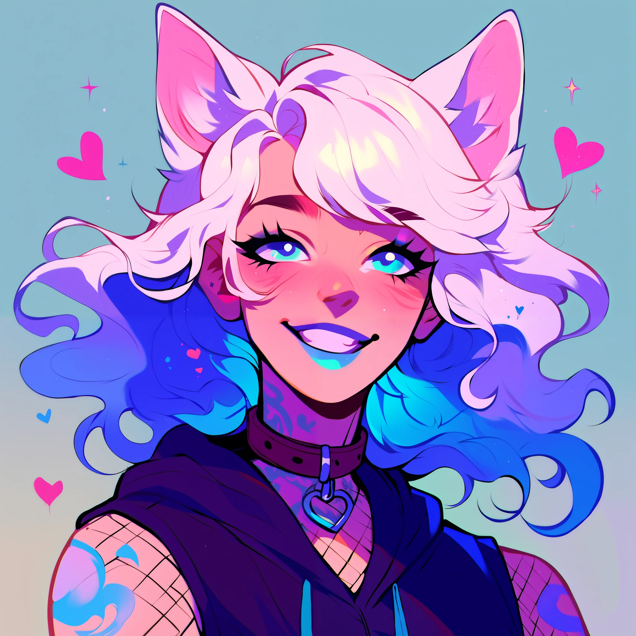 score_9, score_8_up, score_7_up, score_6_up, score_5_up, score_4_up, did vaporwave style, a male femboy with very long wavy white hair with blue highlights, has big fluffy wolf ears, has a wolf tail, wearing a thick brown collar with a heart hanging from it, wearing a sleeveless cropped black hoodie with something cute on it, wearing denim short shorts, has blushy cheeks, has blue lipstick on, has tattoos, wearing fishnet stockings, smiling, showing wolf canine teeth, glowing blue eyes, bubbles, floating hearts, shown from the waist up, showing upper body, showing arm tattoos