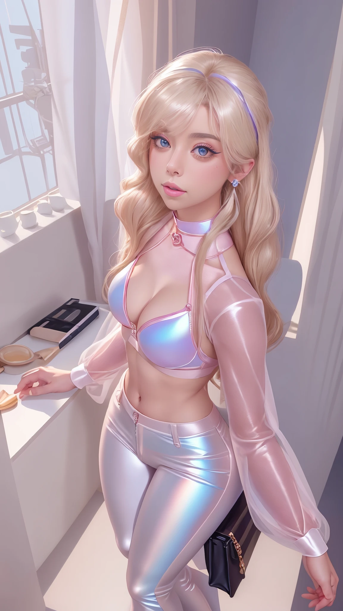 A realistic rendering of an Anne Anderson style illustration of a very close shot, ultra close shot on the breasts  of a pert, nubile, thin, freckled  teen   girl with 50s style,  platinum blonde hair, bows in hair, slight smile, topless, best quality, tiny breasts, bare breasts, small breasts, bare crotch, exposed crotch, open legs, legs spread open,  pink nipples , puffy nipples , exposed nipples , wearing a clear, pink, plastic body armor, clear pink plastic armor, clear, pink, plastic body harness, clear, pink, plastic body cage,  pink bondage straps, black, spiked  choker necklace, black leather jacket,  a silver chain wrapped around body, open, white blouse, white lace collar, pastel lace, pastel lace straps under nipples, pastel lace straps under breasts,  open light blue, fuzzy sweater, undressing,        
  uniform, partially clothed, sitting  in a bondage harness swing, in a pink, neon lit, 1950s teen girl's bedroom, glowing pink, neon lights, full of bondage straps,, ultra close shot on breasts, very, very close shot on breasts 