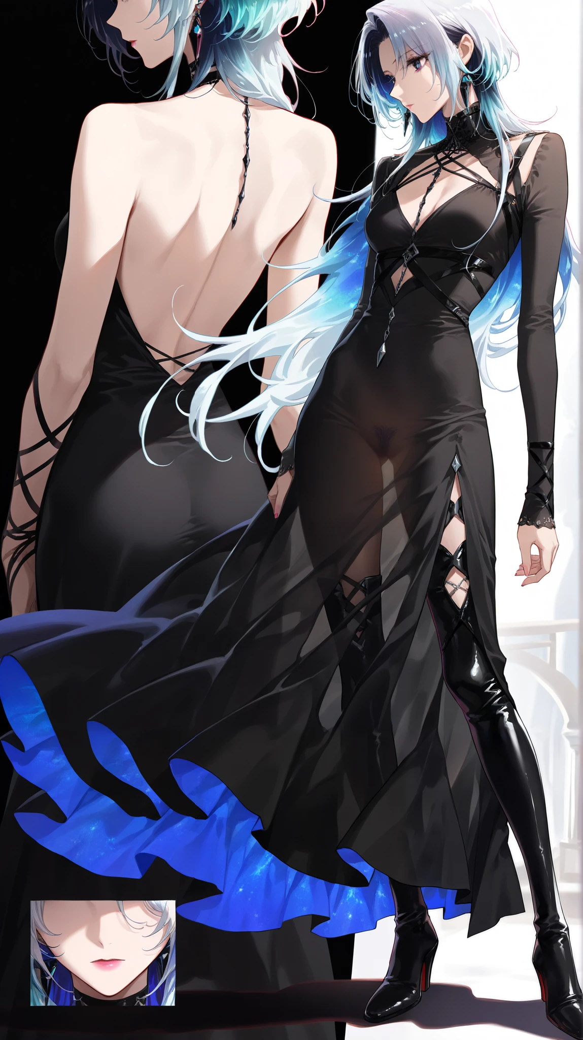ke (((1male white hair people:Piercing in the left ear,、tall、tall、Tall、a handsome、refreshing、burly)))、(((1female blue hair:Long、short、Best style、F-cup、See-through sexy dress、Beautuful Women)))、((((a couple))))、{(Best Quality, 8K, masutepiece, nffsw, Soft lighting, image perfect, Digital Illustration, manhwa art, super detailed image, Perfect lines, )} พื้นหลังโบสถ์
