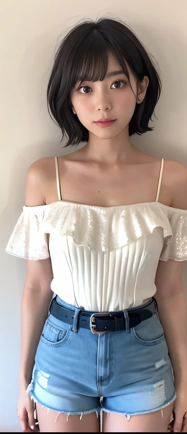  pure idol girl（fancy short hair ）、A pure girl's face、Tanned Thick Legs 、gold sequin shorts、white punk shirt （ off shoulder）、happy belt