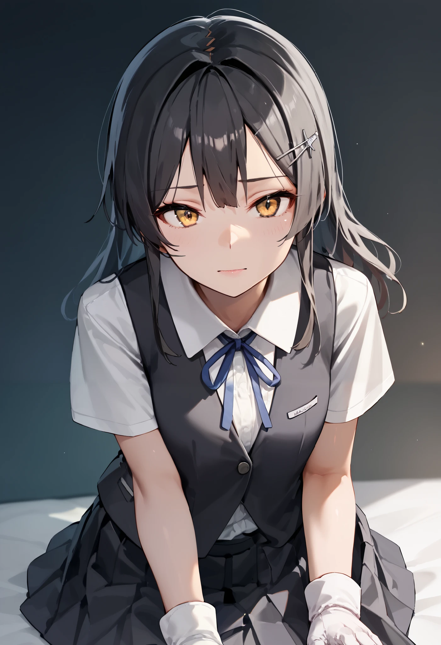 best quality , Masterpiece, high resolution, Alone, 1 girl,{oyashio_kantaicollection:1.15}, oyashioKC,black hair, long hair,school uniform, white shirt, short sleeves, pleated skirt, hairclip, collared shirt, white gloves, black skirt, neck ribbon, blue ribbon, black vest