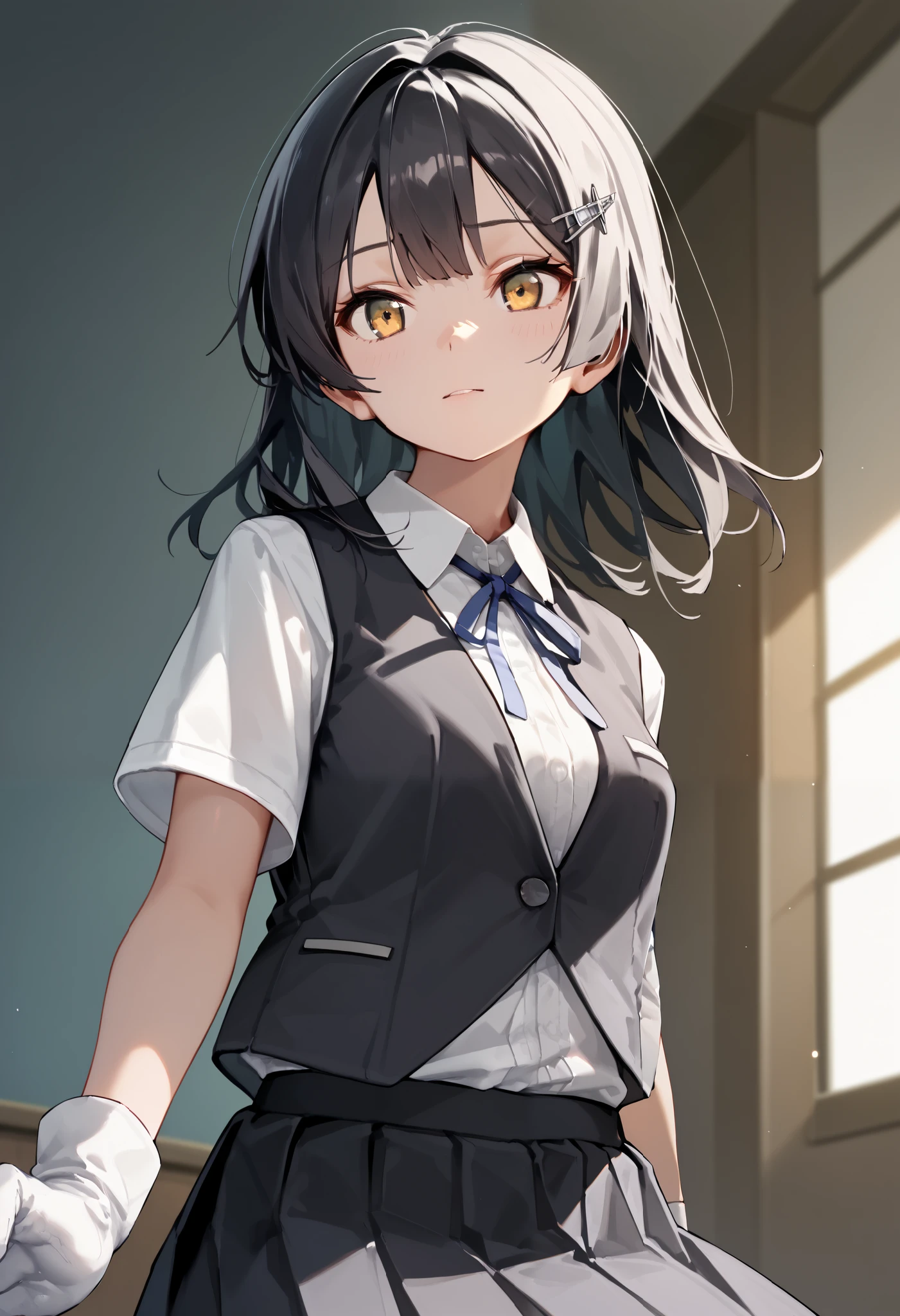 best quality , Masterpiece, high resolution, Alone, 1 girl,{oyashio_kantaicollection:1.15}, oyashioKC,black hair, long hair,school uniform, white shirt, short sleeves, pleated skirt, hairclip, collared shirt, white gloves, black skirt, neck ribbon, blue ribbon, black vest