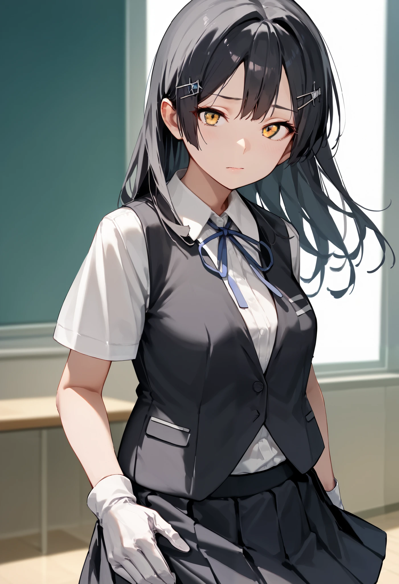 best quality , Masterpiece, high resolution, Alone, 1 girl,{oyashio_kantaicollection:1.15}, oyashioKC,black hair, long hair,school uniform, white shirt, short sleeves, pleated skirt, hairclip, collared shirt, white gloves, black skirt, neck ribbon, blue ribbon, black vest