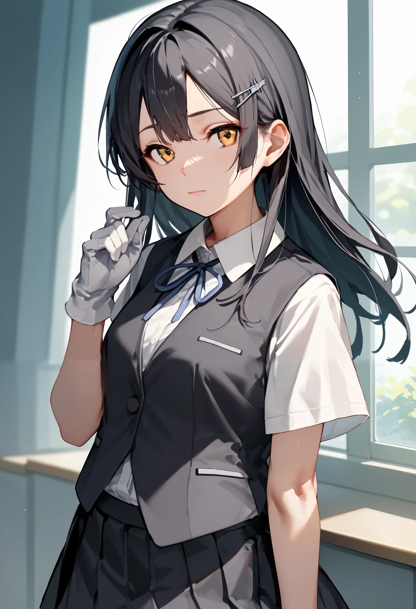 best quality , Masterpiece, high resolution, Alone, 1 girl,{oyashio_kantaicollection:1.15}, oyashioKC,black hair, long hair,school uniform, white shirt, short sleeves, pleated skirt, hairclip, collared shirt, white gloves, black skirt, neck ribbon, blue ribbon, black vest