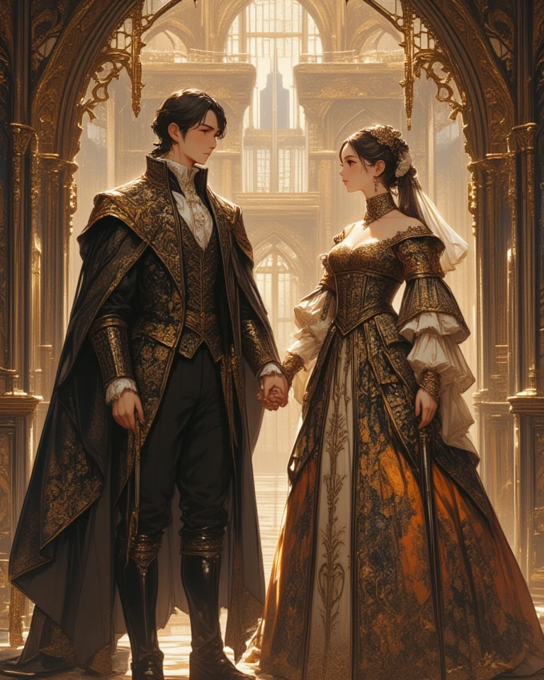 a young, A handsome and beautiful aristocratic couple runs a magic shop in the Age of Steam Magic，head looking up，florals，The bird，A plant，crystal sphere，magic item，victorian aristocrat，purple flower，ultra-realistic realism