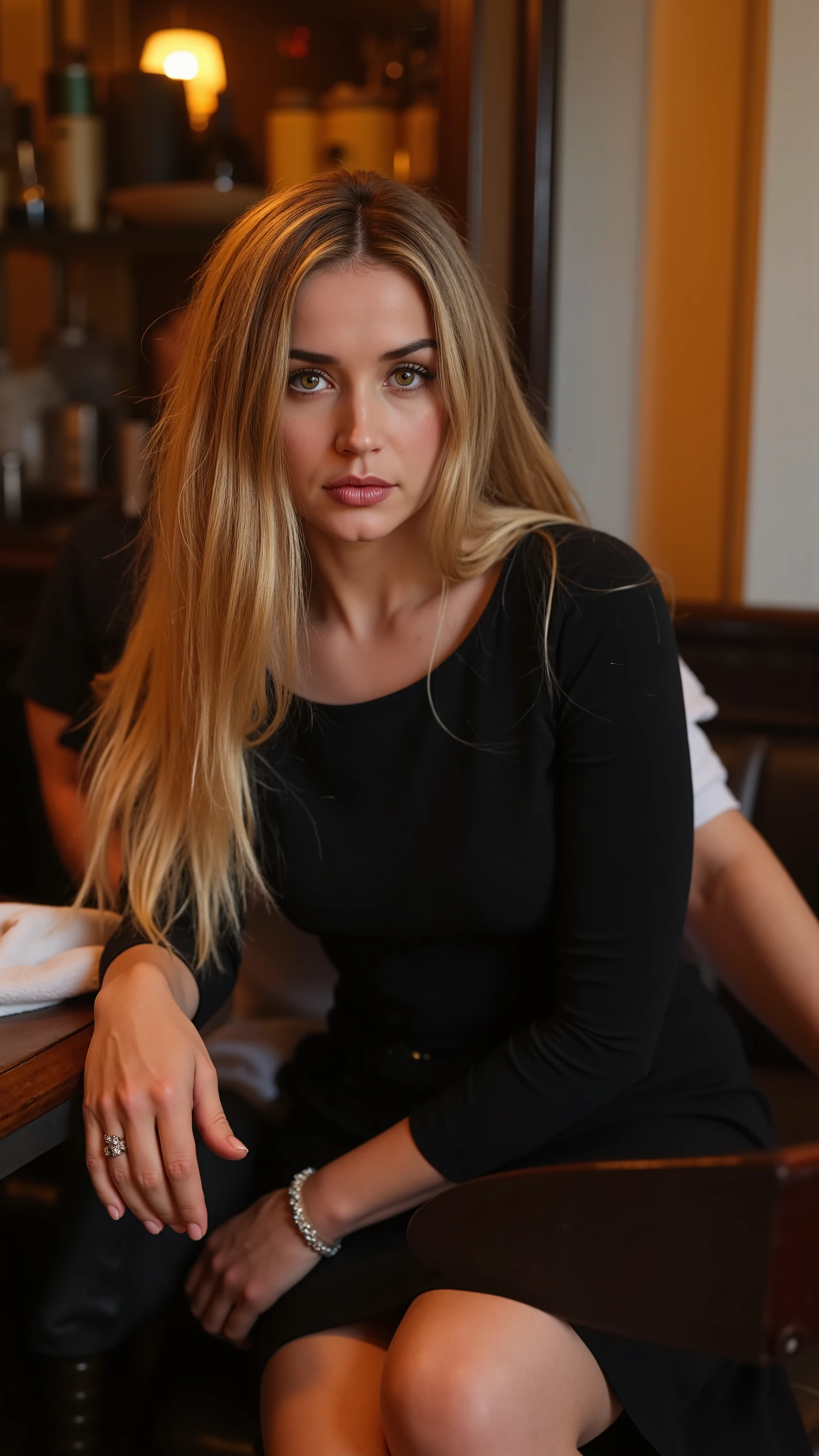 This is a beautiful  photograph of a woman, she has long straight blonde hair and dark blue eyes.  Wearing a form fitting  boatneck dress,  Sitting in a cafe. Flirting at the viewer. Smile