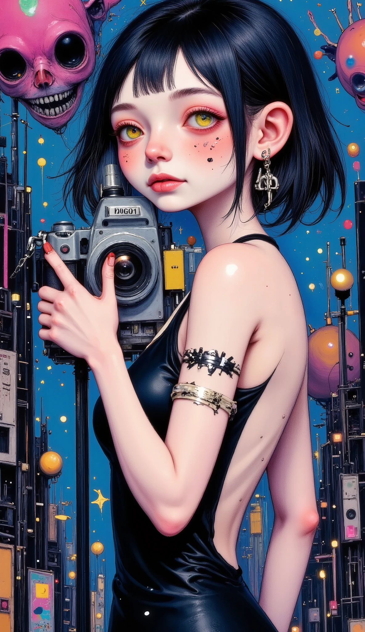 darkness, neon lights , general plane :1.4, full body , Anatomically correct , hyperrealistic :1.3, beautiful woman behind the camera (( showing her dress with large neckline on the back , sexy bare back :1.41)) , detailed face with big expressive eyes , long eyelashes are not attractive , small nose, full lips, blue hair with neon pink reflections , futuristic cybernetic implants and augmented reality interfaces, details on a dark dystopian city background with neon lights , en un fondo de ciudad distópica oscura con neon lights , skyscraper, and flying vehicles , 8K, photorealistic , cinematic lighting , hyper Detailed, digital art