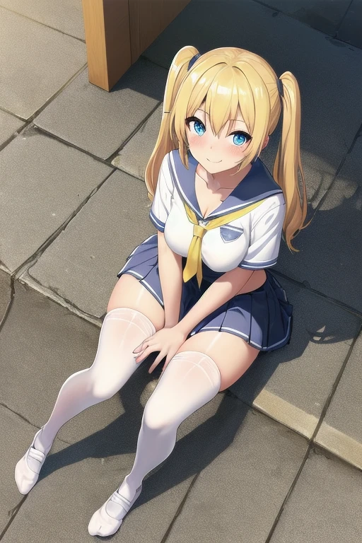 (masterpiece、highest quality、High resolution、realistic pictures、real looking skin:1.1), (wearing a blue oversized knit,Moe sleeves,Wearing a pleated miniskirt, knee high boots, provocative smile, The place is a park:1.1), 1 Japanese women, beautiful eyes, shining eyes, blonde, medium long hair, university student, (Squat down with both knees facing towards you.:1.8), (Place your elbows on your knees、put your chin on it.:1.5), (slightly exposed pants: 1.5), (simple white satin panties: 1.5), NSFW