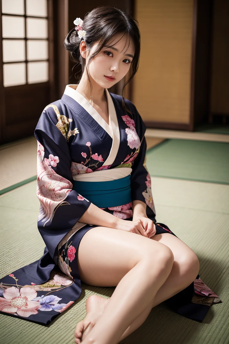 (Photorealsitic:1.4), (Top image quality:1.0), (超A high resolution:1.0), 8K, Raw photography, (masterpiece:0.2), (pureerosface_v1:0.5)、(Best Quality Detail:1.2)、realisitic、8K UHD、hight resolution、(1girl in:1.2)、The ultra-detailliert、High quality textures、intricate detailes、detaileds、Very detailed CG、High quality shadows、Detail Beautiful delicate face、Detail Beautiful delicate eyes、depth of fields、Ray traching,1girl in, japanaese girl, Cute, slender, Black kimono, Kimono with Japanese pattern,(((Pubic hair is visible)))(((Pubic hair is visible)))(((You can see the buttocks pulling up the kimono)))Floral scrunchie, Beautiful skin, Facing the front,Sit down, Sit upright and say thank you,Align your hands elegantly,Smile faintly The Land of Japan,Japanese garden,Luxury Japanese-style room, skyporn, Magic Hour, (Realistic:1.3), Finely detailed, quality, (masutepiece:1.2), (Photorealistic:1.2), (Best Quality), (Intricate details), Dramatic, Ray tracing, photograph, +Lola