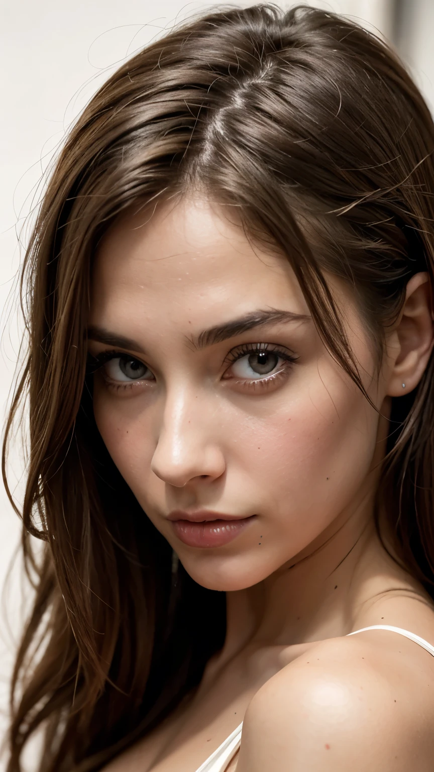 Une femme d'origine latine bronzé, au visage ovale et symétrique, avec des yeux en amande légèrement ronds et un regard innocent. Ses sourcils sont délicatement arqués en une courbe douce, encadrant ses traits réalistes et détaillés en 4K, rappelant la perfection humaine (( détaillé)) photo prise avec un iphone 15