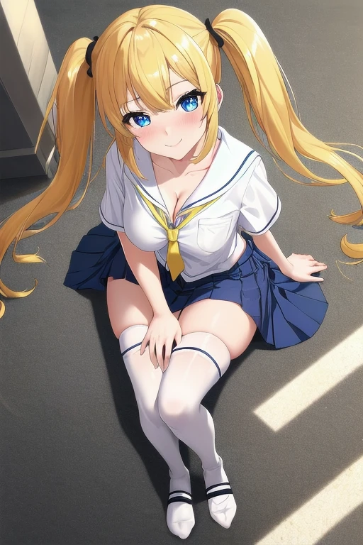 masterpiece, best quality, highres, BREAK , phyami, yamisch, medium long hair, blonde hair, pony tail, white ribbon, blue eyes, brm, plain white gym shirt, blue buruma, very long elbow gloves, white thighhighs, white sneakers, innocent smile, BREAK, very wide shot, hands on knees, knees