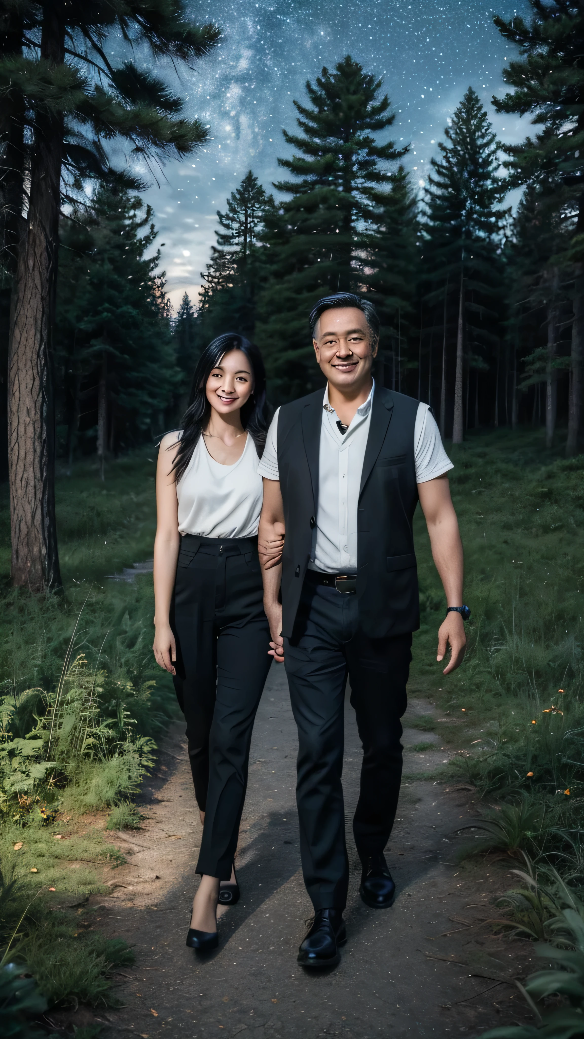 Masterpiece Level , great style , The deep love between father and daughter, shot from a high position, Smiling father wearing a white vest and black pants with a house on the left side of the frame , The background is night, dark blue , Starry Sky, Very flexible and creative, smiling father wearing a white vest and black pants, Take the girl by the hand, The girl has beautiful black hair., Grass and fireflies cover the bottom of the painting., The tall pine tree on the right forms a forest .
