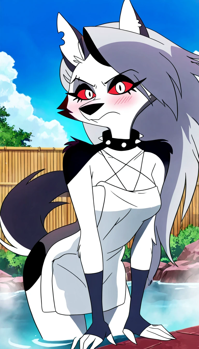 zPDXL, score_9, score_8_up, score_7_up, source_anime, 8k, absurdres, 1girl, solo, vanitaker, white hair, long hair, white Fox ears, white Fox tail, black jacket, black boots, red eyes, fangs teeth, gray background, standing, half-closed eyes, smug smile, looking at the viewer, spiked wristband, spiked collar, nude, nipples, pussy, blush