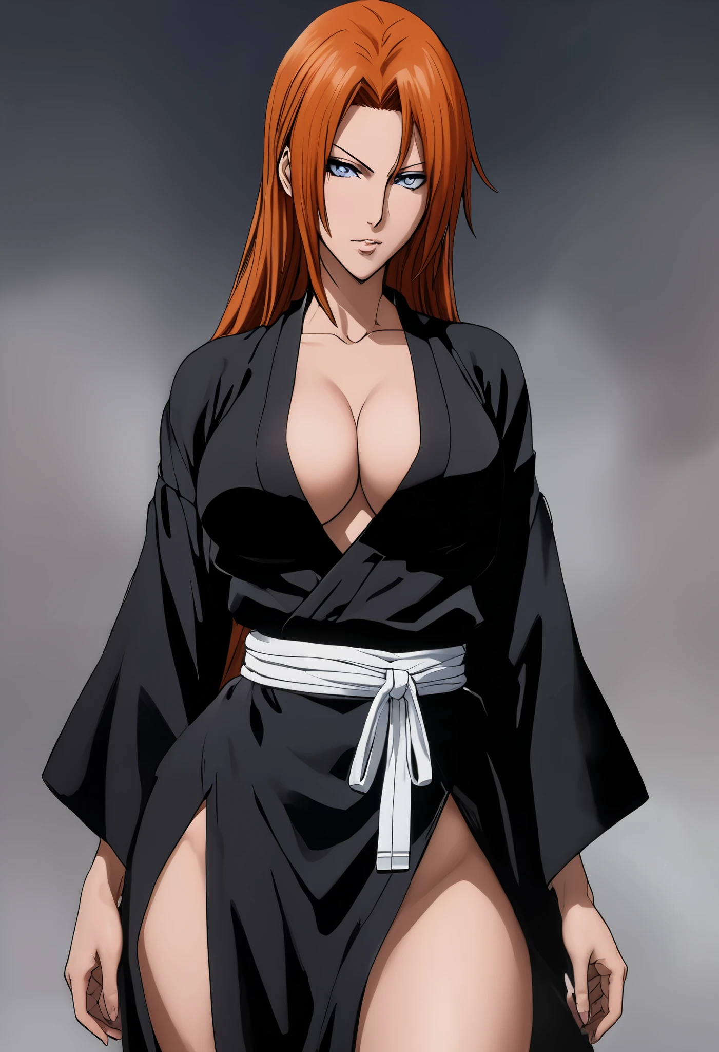 anime-style image "Bleach", high quality, clarity ((full-length body)), squatting facing the viewer, ((anime-style image,)) (one personage anime redhead Rangiku Matsumoto Lieutenant of the 10th division Gotei 13), ((slender body of a porn star)), long and wavy light red hair, blue eyes, milf, mature women, perfect face, perfect lighting, sexy plump lips, small mole on the right side of the mouth, , beauty, thicc،, dresses in a black kimono Shinigami open, although she lets her clothes hang loose exposing big breasts dressed in a white bra, narrow waist, white sexy transparent panties, detailed pussy, clitoris, sexy big breasts, sweat, flawless face, very detailed, complex motifs, perfect composition, digital painting, conceptual art, smooth, clear focus,