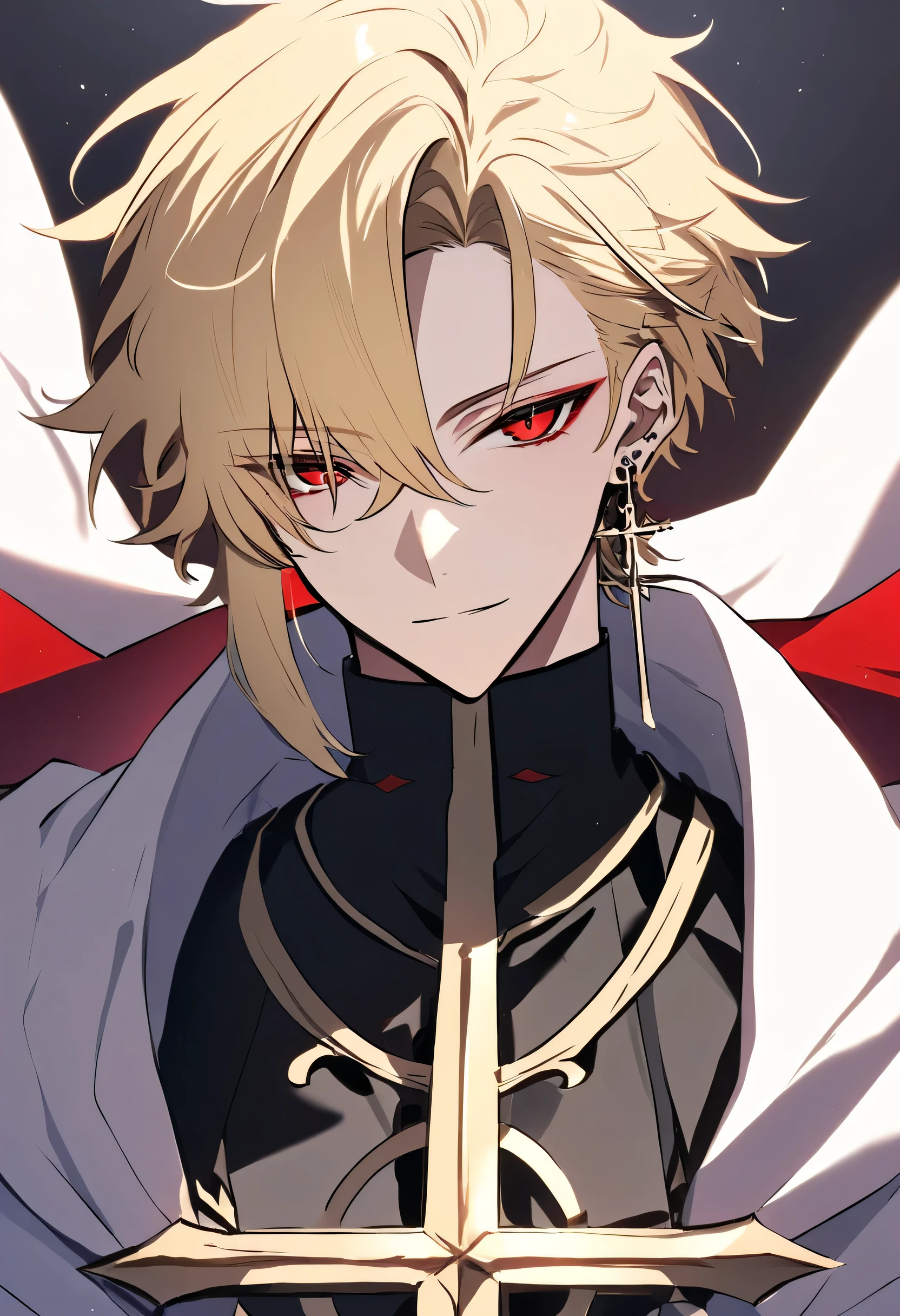 Male + blonde hair + red eyes + white clergy robes + cross earings + solo