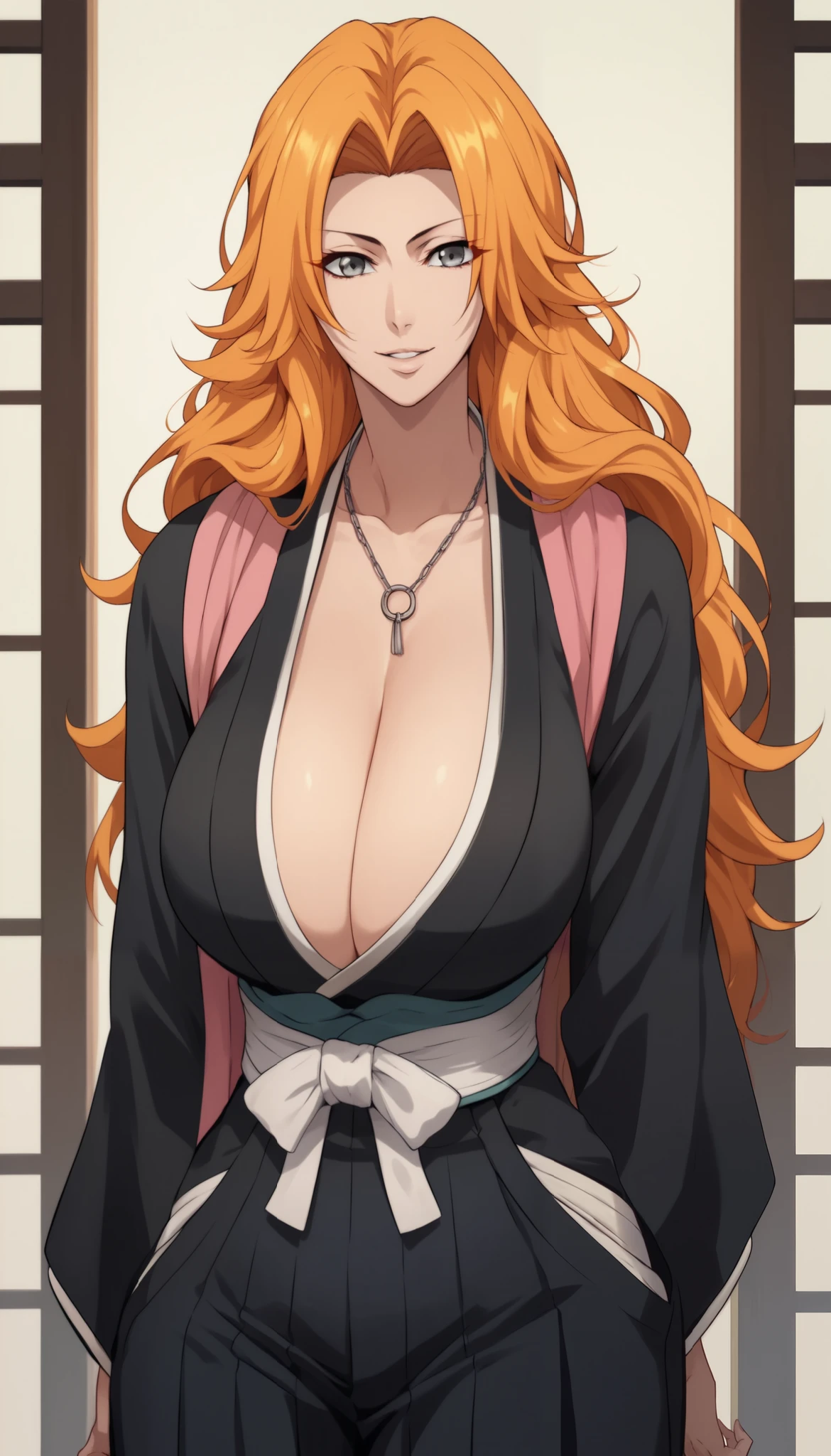 masterpiece, Best Quality, Matsumoto Rankiku, tall woman, long orange hair, black kimono, waist, neckline, wad of bills, big breasts, close up, Upper part of the body, shiny skin, boy, brown hair, Titjob,