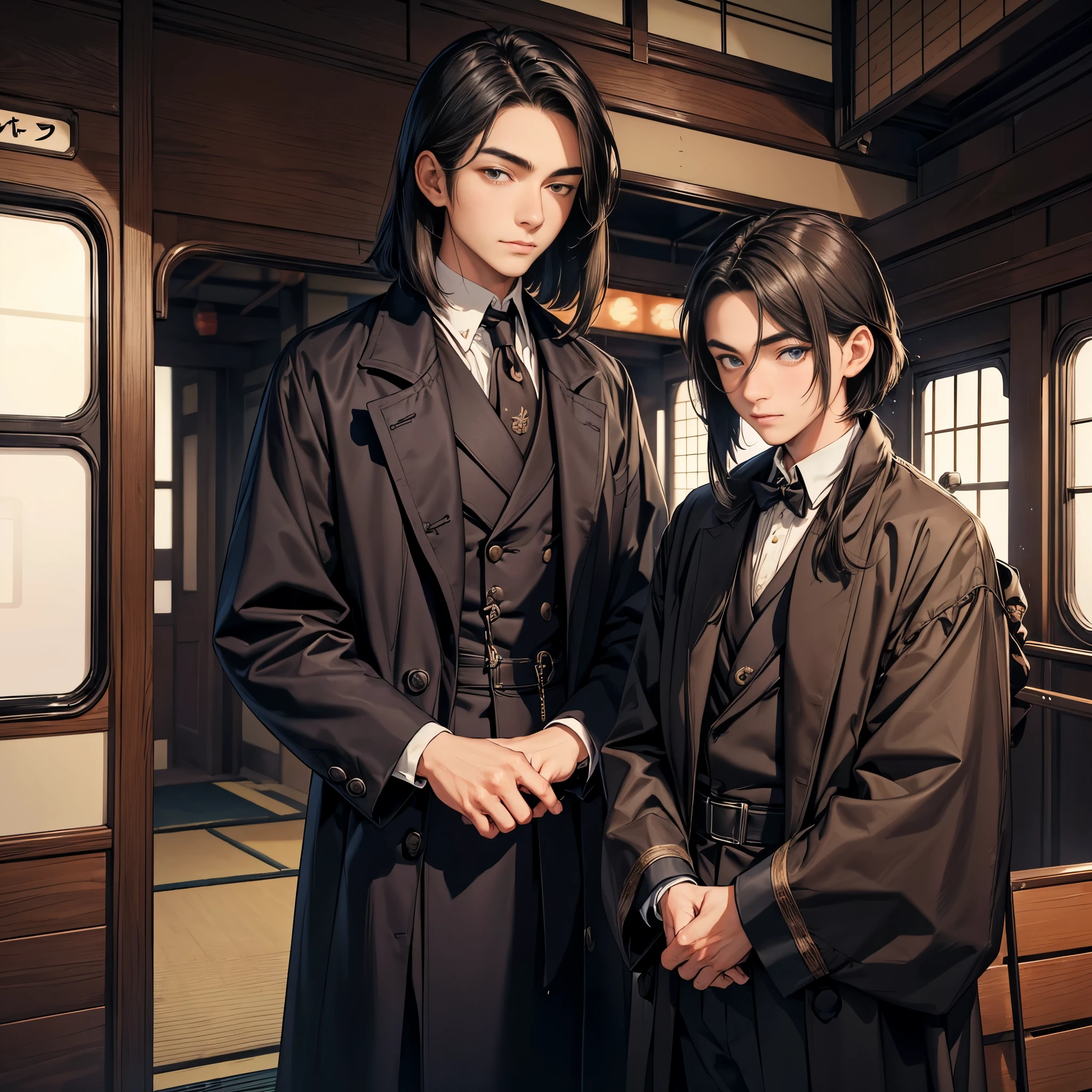 (He is a beautiful 18-year-old Japanese boy:1.5). (He wears his straight hair in a shoulder-length bob:1.3). Hair color, eyebrows, and eyes are purple. Arched, thin eyebrows. (Victorian attire:1.3). (He wears an Inverness coat:1.3). (He is about to board a first-class coach alone from Tokyo Station in the 1910s:1.4). (masterpiece), best quality, expressive eyes, perfect face