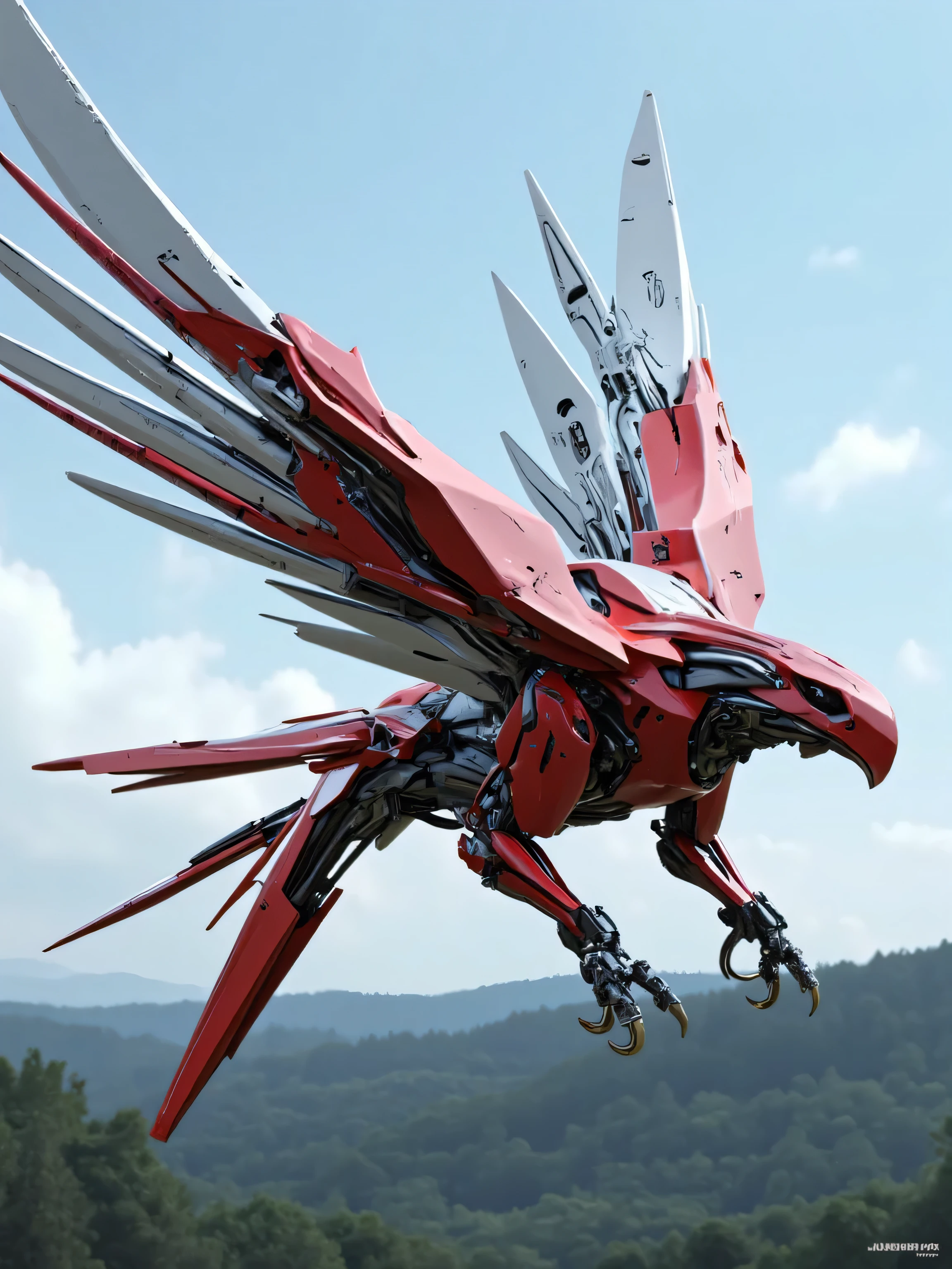 The mechanical eagle ,  Length 30m ，Wingspan 80 m , Seeborg Style ,  Red metal body and wings ,  white feathers,  Black eagle claw ,  has a pair of robotic arms ,  Joints black mechanical structure ,  Arm Armor in red metal material ,  at the top of the left and right wings, each with five missile launch ports,  flaps its wings into the sky and down the wing ,  High resolution , masterpiece,  High detail,  High Quality , panoramic, super wide angle,  background is a blue sky over the forest , uni_Sci_fi_CORE, mechborg style 