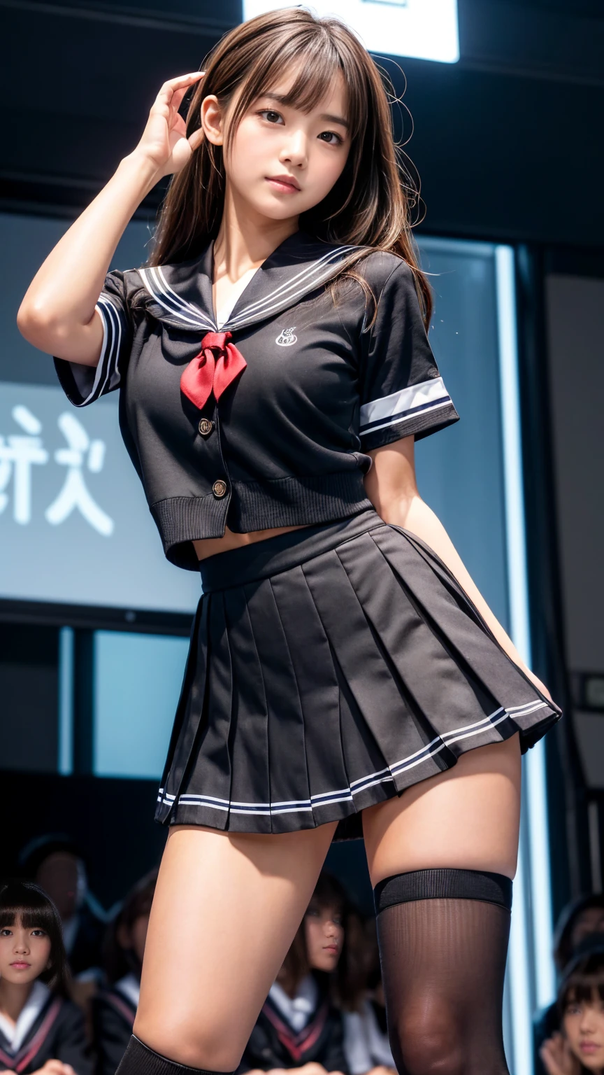 Masterpiece、Highest quality、Woman 1、Super detailed、nsfw、View from directly below the woman、Long legs Black Hair skirt、skirt lift、skirtを自分でリフト、pantieansuji Soft thighs、under boob sailor uniform、Undereen from below、No bra ceiling