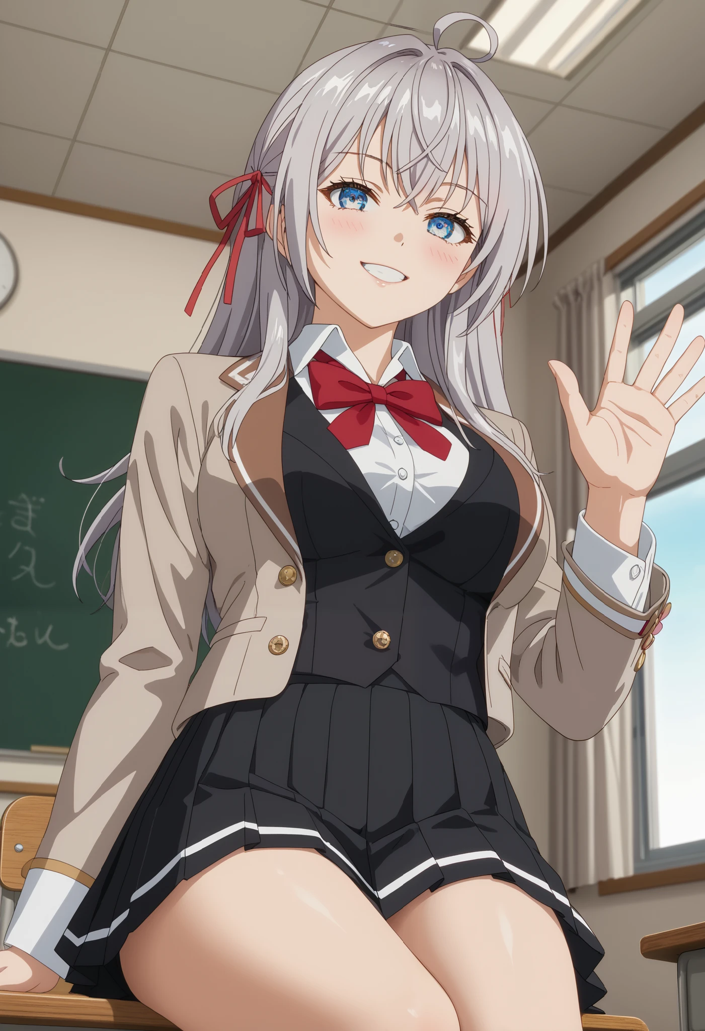 score_9, score_8_up, score_7_up, anime screencap, source_anime, upper body, 1girl, BREAK alisamikhailovnakujou, alisamikhailovnakujou,
long hair, gray hair, ahoge, crossed bangs, blue eyes, hair ribbon, red ribbon, pale skin, AlyaSchool, short jacket, open jacket, brown jacket, red bow tie, white shirt, black vest, buttons, long sleeves, pleated skirt, black skirt, white thighs,
thigh gap, (black thighs: 1.2), waving, mouth closed, slight smile, slight blush, POV, from below, looking at viewer, sitting, legs crossed,
desk, sunset, classroom, windows, interior, blurred background, detailed close-up, extremely detailed eyes, (Beautiful and big breasts: 1.2), natural breasts,