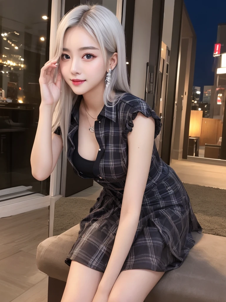 highest quality、8k Masterpiece、超A high resolution、(Photorealistic:1.3)、RAW Photos、1 girl、Messy black very short hair、Glowing Skin、((Ultra-Realistic Details))、Portrait、Global Illumination、Shadow、Octane Rendering、8k、Super sharp、Beautiful breasts、Beautiful Eyes、Bright colors、smile、Very intricate details、Realistic Light、CGSoation Trend、Beautiful Eyes、Shining Eyes、A big smile for the camera、Neon Details、２０age、Mean、Small devil、Obscene、wide shot、full body、Silver charm on the ankle、Young body shape、未来的な白いIdol衣装、Cosplay、A little sexy、Moe、Super cute、cute、pure、Fall in love、Idol、可愛いIdolステージ衣装、A girly cafe with gentle sunlight、A smile that will make any otaku swoon、intellectual