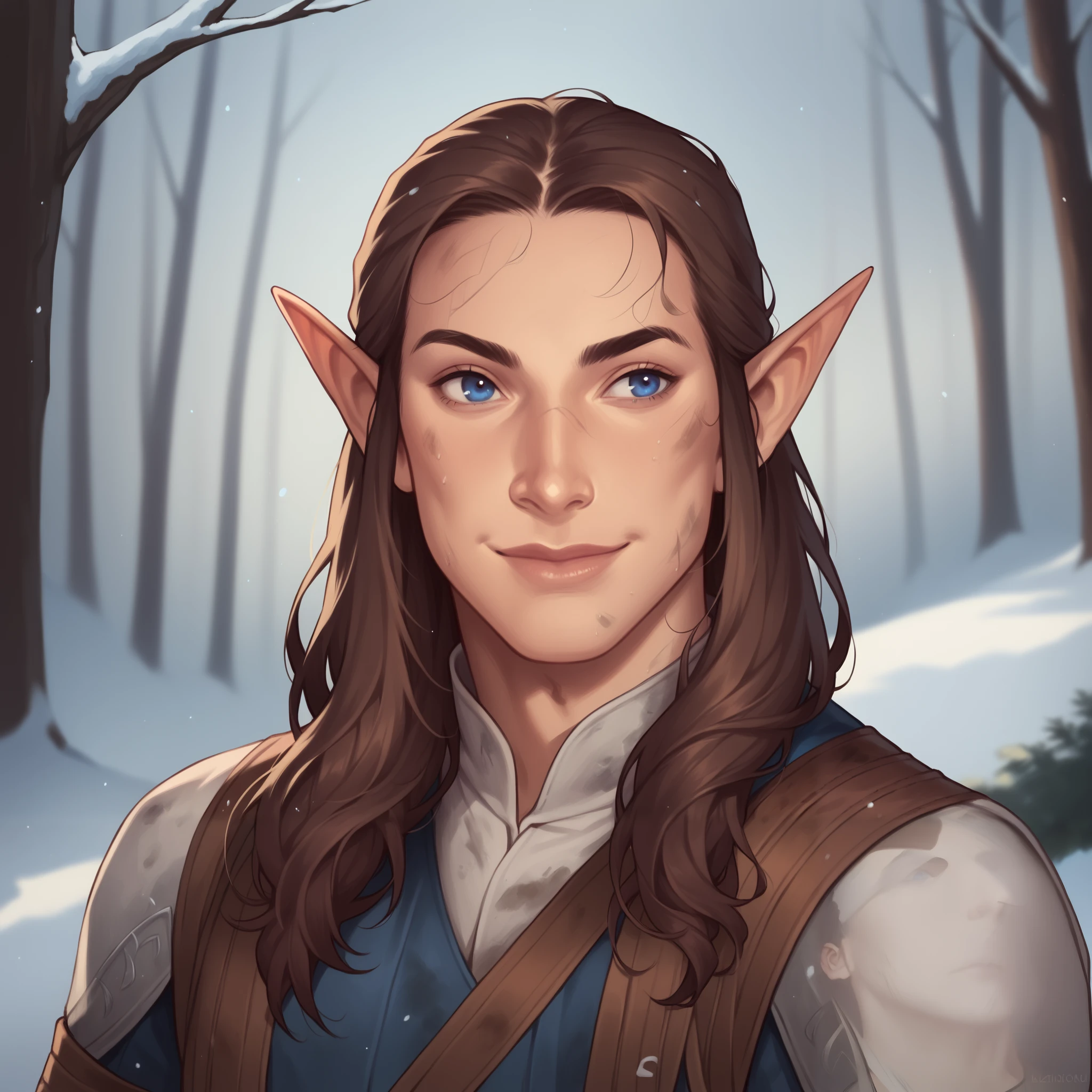 (((beautiful, high quality, comics style, detailed face))), score_9, score_8_up, score_7_up, BREAK, 1man, a bard:1.5, Elf, pointed ears, long brunette hair, blue eyes, dirty clothes, solo, portrait, upper body, portrait, friendly smile, near to one bonfire, at night, snow forest background, blurred background, fantasy, DeepNegative_xl_v1, detailxl, zPDXL3, Smooth Quality - Illustrious