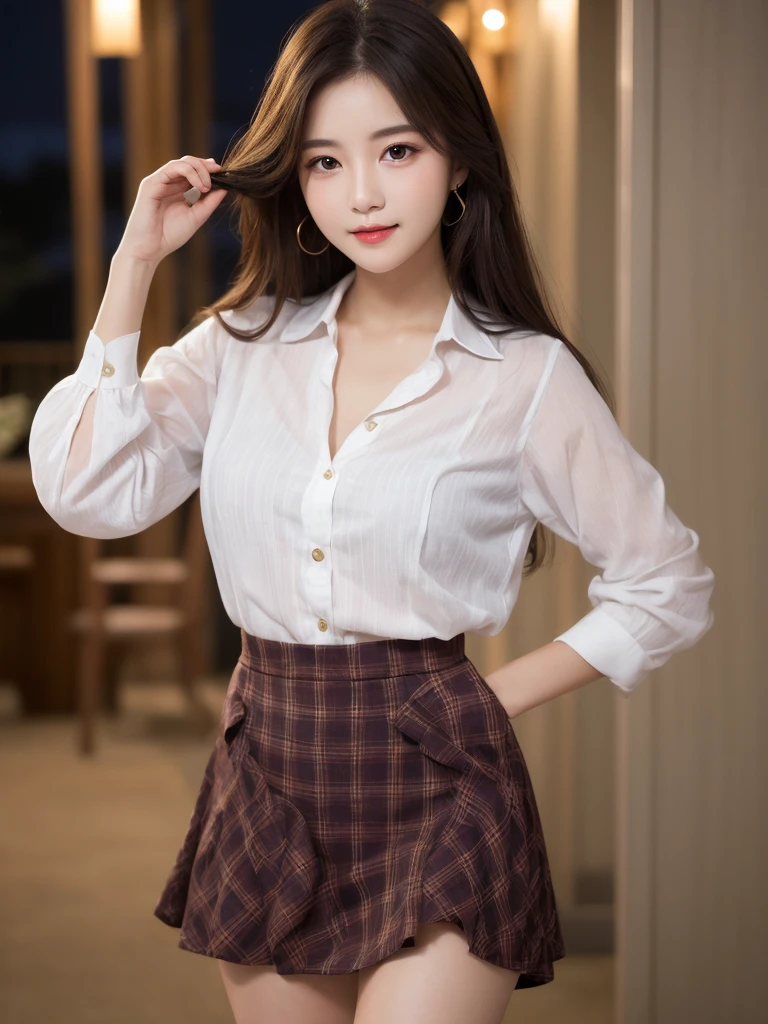 Great face and eyes, Compensate, (Very detailed美しい顔), (Sexiest Looks), (Beautiful big breasts:1.1), (highest quality:1.4), (Very detailed), (very detailed CG synthesis 8k wallpaper), Very detailed, RAW Photos, Professional photography, ((suit)), (Tight Skirt), (open front business shirt), Outdoor, (Business district, City of night, illumination), (Near the sky), Written boundary depth,((Loosely inward wavy hair:1.2)),((Gold Necklace_Large earrings:1.2)),((Extra long brown hair:1.2))((A shy smile:1.3)),((Sits on a bar chair by the counter in a seductive pose in a stylish bar at night:1.1))、((wearing frilled white shirt:1.3)),((wearing Red tartan check miniskirt:1.3)),