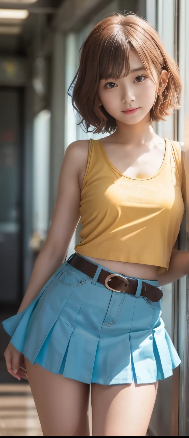 pure idol girl（fancy short hair ）、A pure girl's face、Tanned Thick Legs 、 Light Blue Pleated Miniskirt、Orange Punk Shirt （Sleeveless）、happy belt