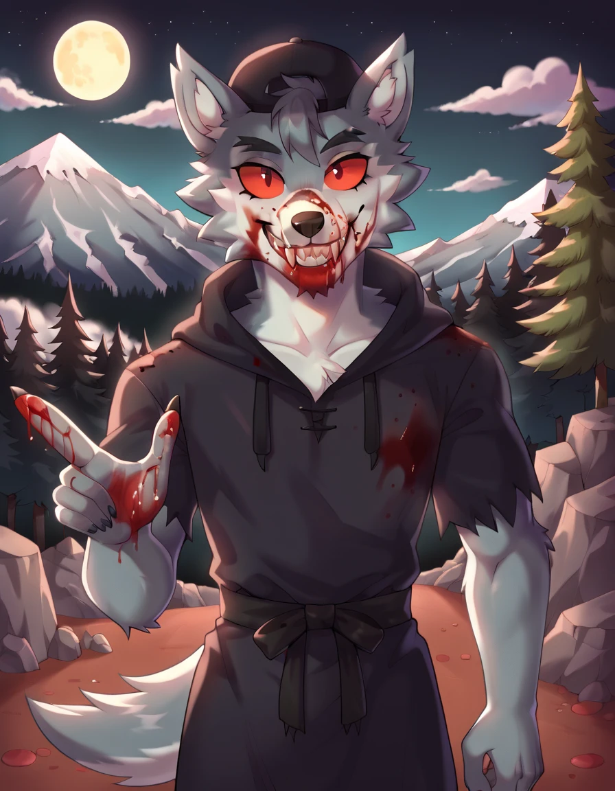 masterpiece, best quality, 8k resolution, Very detailed, hairy，Shiba Inu，(Black hair)，(((golden fur)))，(((Blood red eyes)))，Chubby，Chubby face，(((White shirt)))，(((Loose shirt)))，((Black pants))，(((For the audience)))，Highest quality scene，(((Solitary)))，solitary，Upright，portrait，((Yandere))，((Night))，((bloody))，((Face-to-face))，(((Eyes on me)))，(((The eyes are empty)))，(((Tilting your head)))，(((Round face)))，(((Smiling evilly)))，(((Kitchen knife in hand)))
