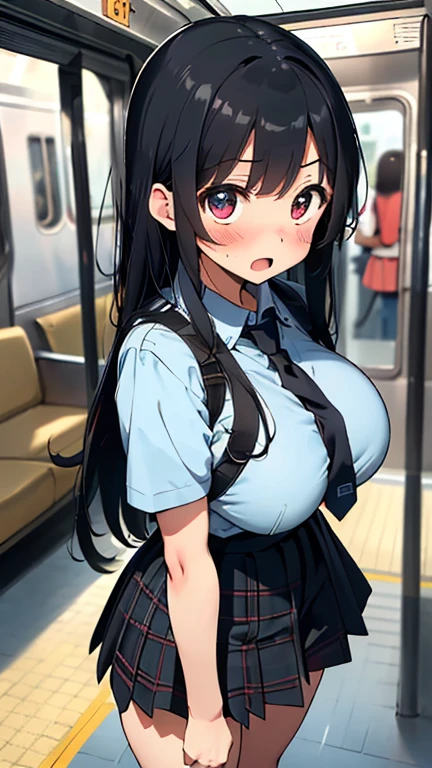 (throw_hand, pink vibrator remote switch in throw_hand, throw:1.2), Highest quality, Super detailed, masterpiece, Ultra-high resolution, 8K, Ridiculous, Cowboy Shooting, Blurred, One girl, Embarrassing, blush, Lovely, , With tears in her eyes and her mouth open, What saliva leaves behind, Wet skirt hem, Not wearing pants, Bulging of the vibrator cord, Vibrator with Garters, Subway car interior background, In a crowded group of women,Squirting、,Black Hair、Maid clothes
