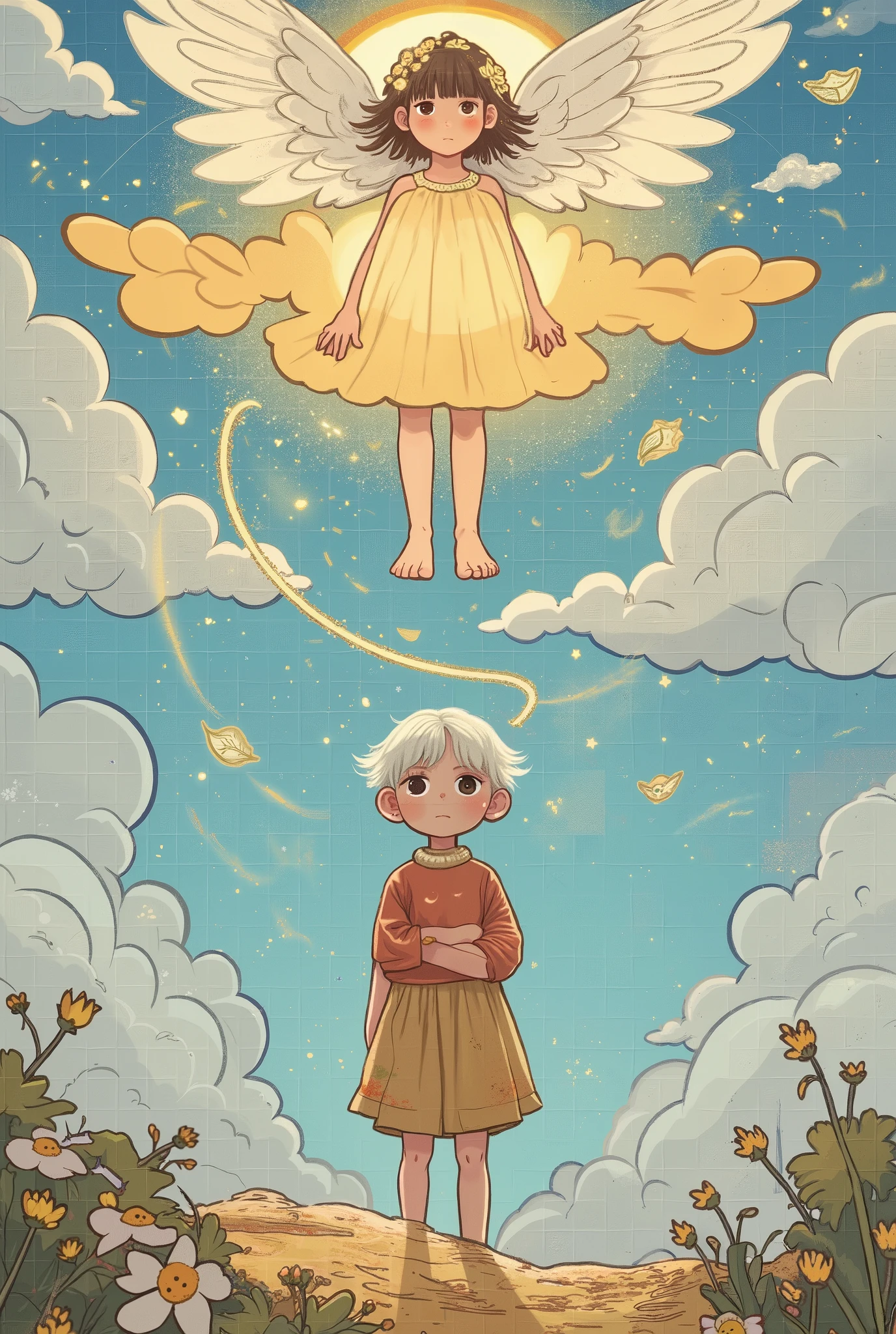 A girl in heaven, peeking through the clouds at the earth, a boy on earth, sensing something and looking up to the sky. A streak of sparkling gold dust, a gentle world of colorful pastel colors.