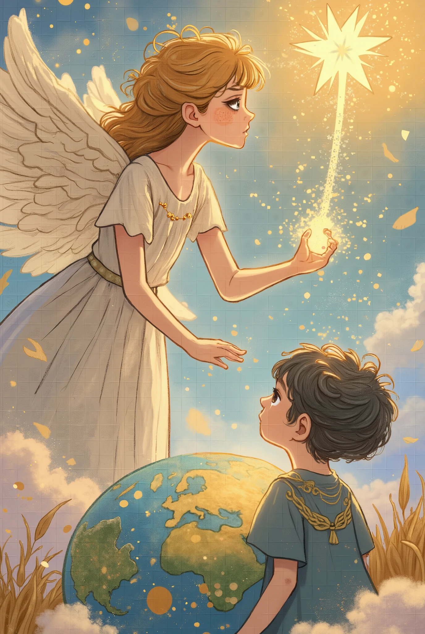 A girl in heaven, peeking through the clouds at the earth. 
a boy on earth, sensing something and looking up to the sky. 
A streak of sparkling gold dust, a gentle world of colorful pastel colors.