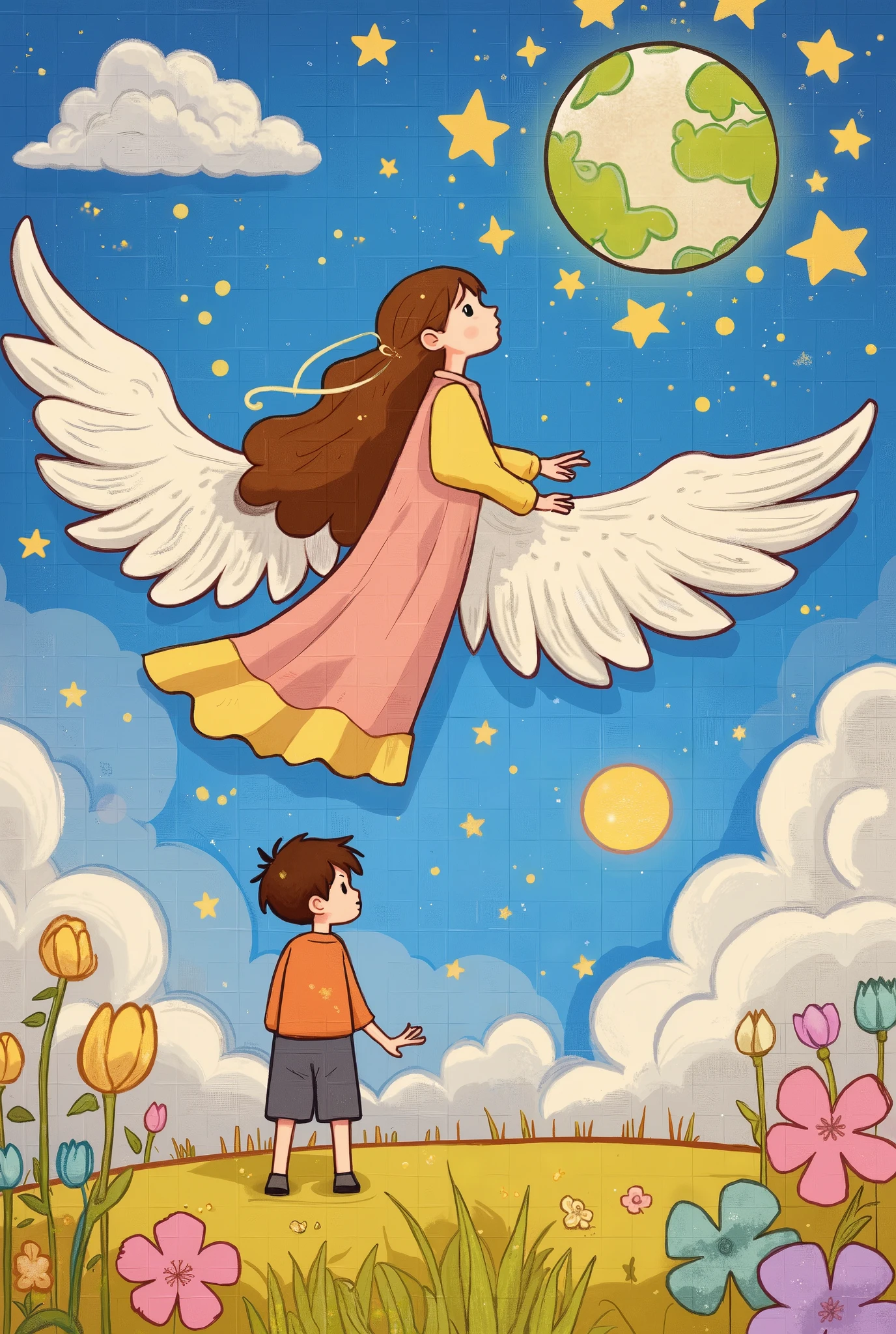 A girl in heaven, peeking through the clouds at the earth.
a boy on earth, sensing something and looking up to the sky.
A streak of sparkling gold dust, a gentle world of colorful pastel colors.
