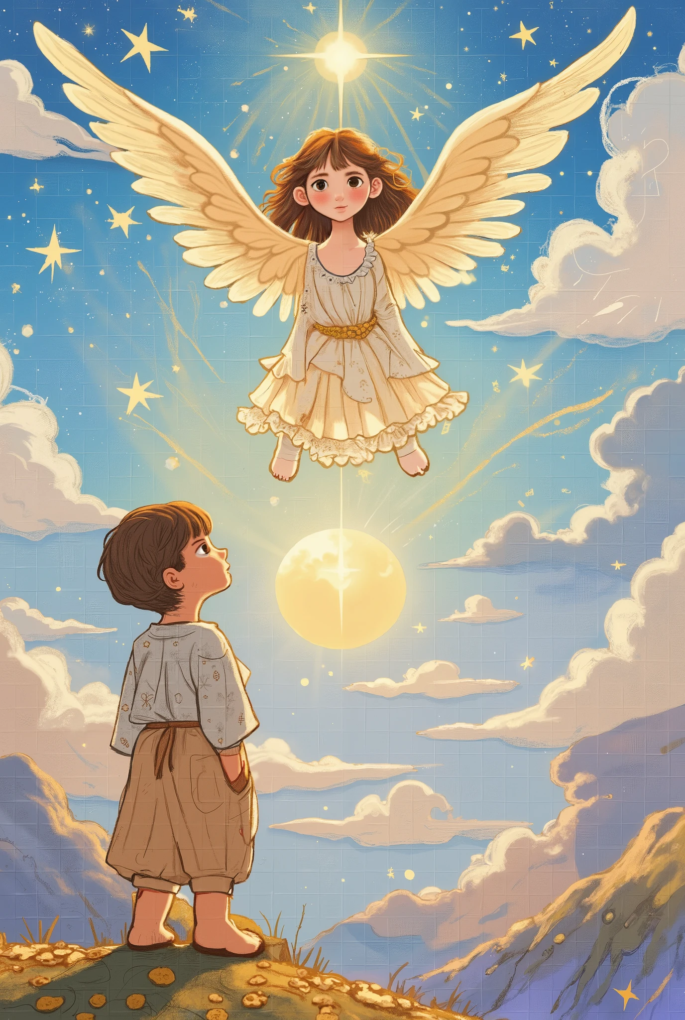 A girl in heaven, peeking through the clouds at the earth.
BREAK a boy on earth, sensing something and looking up to the sky.
BREAK a streak of sparkling gold dust, a gentle world of colorful pastel colors.