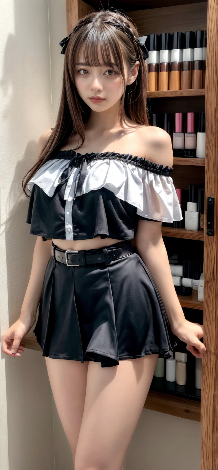 nogizaka_costume, ((cowboy shot)), ((Bare shoulder)), ((Short hemlines, sexy long legs)), ((Elegant and charming posture, random view shots)), realistic detailed photo of a giant breasted girl with exposed shoulders, detailed fingers, high quality skin, red eyes, alone in a winter scene with clouds, wind, and flowing hair, (best quality,4k,8k,highres,masterpiece:1.2),ultra-detailed,(realistic,photorealistic,photo-realistic:1.37),studio lighting,vivid colors