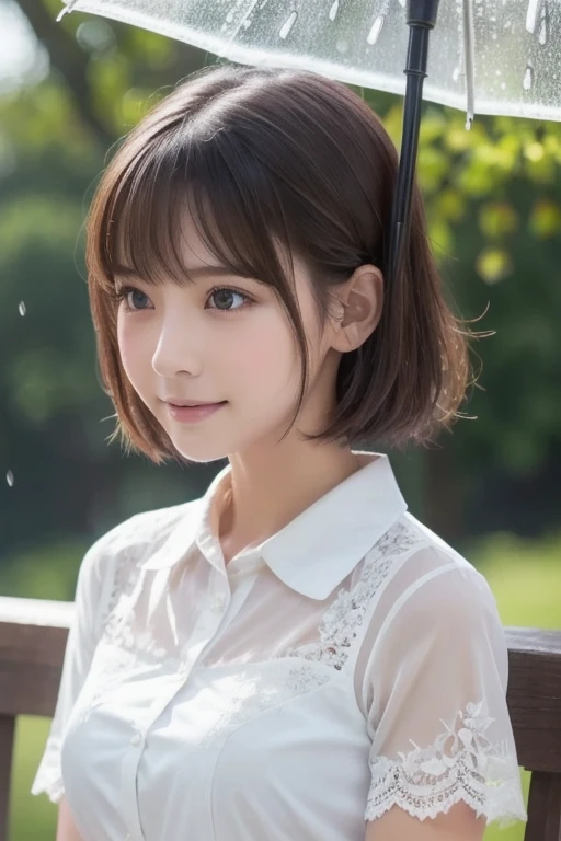 (NSFW:1.2)、one Japanese girl, (a beauty girl, delicate girl:1.3), (s old:1.0), break, (summer、 blouse:1.3), break, (in the forest:1.3), break, Extremely fine resolution, (Symmetrical eyes:1.3), break, Small breasts, Brown eyes, Parted bangs, brown hair, girl, break, (Eye and facial details:1.0) break, (masterpiece, highest quality, Very detailed, Detailed face, 8K)、(Nipples visible through gaps in clothes:1.0)、stand、slouch、face down、Side view、clothes are torn