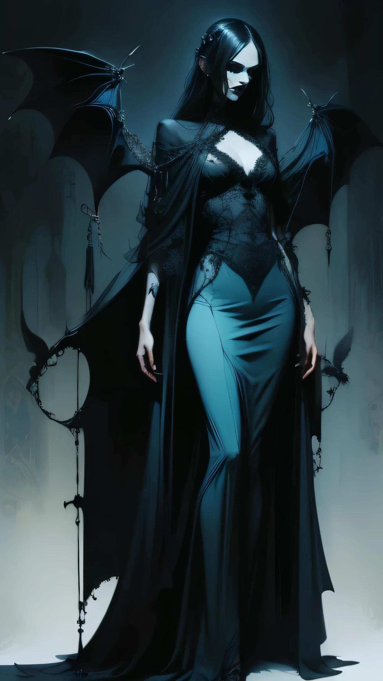 full body . mujer vampire, sexy, seductive, beautiful face , gothic face , sharp face , delicate face , female face, abundant black hair , Ojos rojos , delgado, average breasts, elegant, elegant clothing , full body , with bat wings , realistic look, sharp focus face , realistic look texture, Analog style , dim lighting , Shades of blue and changeable , atmospheric,vampire), (goth vampire) ( full body )