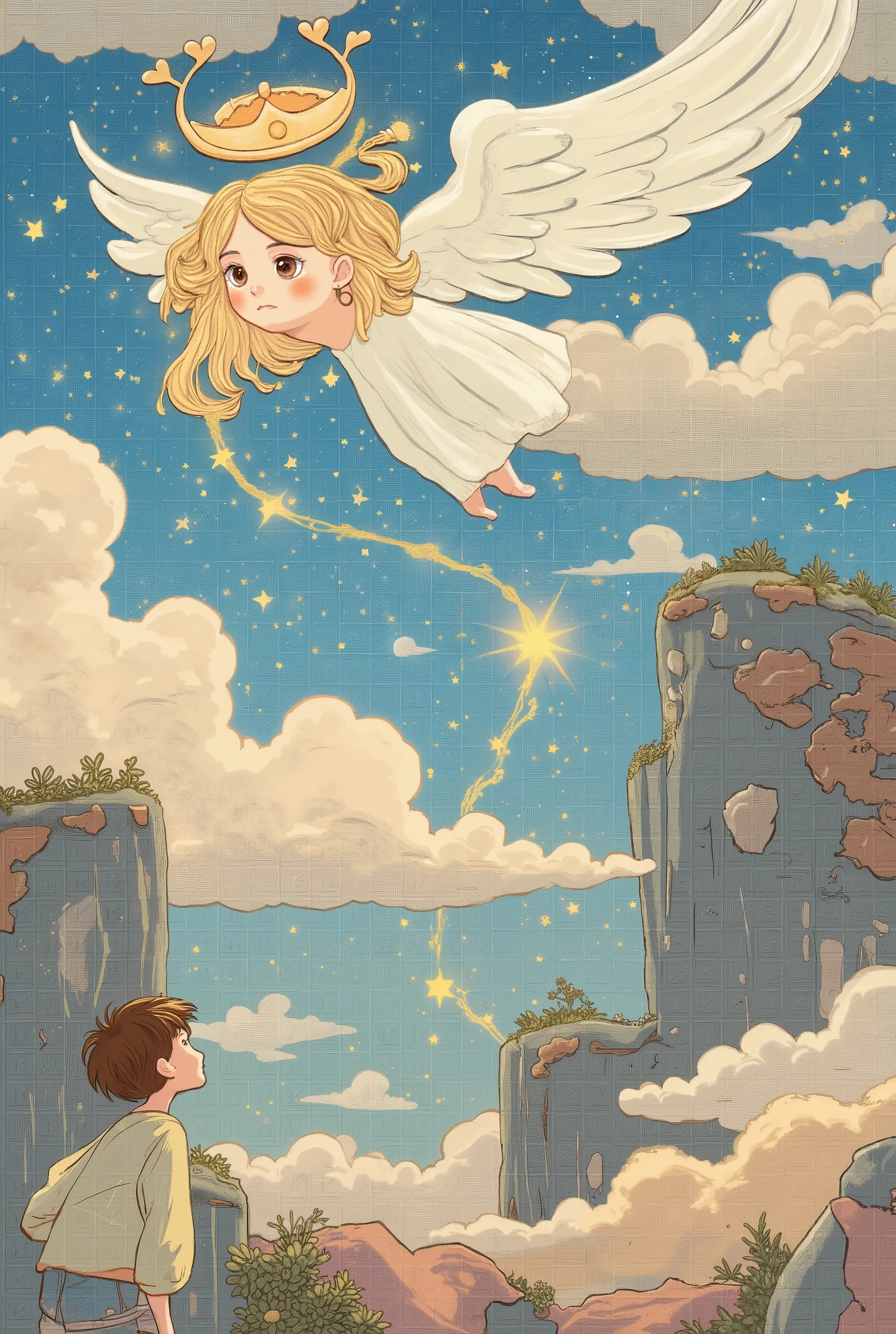 A girl in heaven, peeking through the clouds at the earth, a boy on earth, sensing something and looking up to the sky. A streak of sparkling gold dust, a gentle world of colorful pastel colors.
