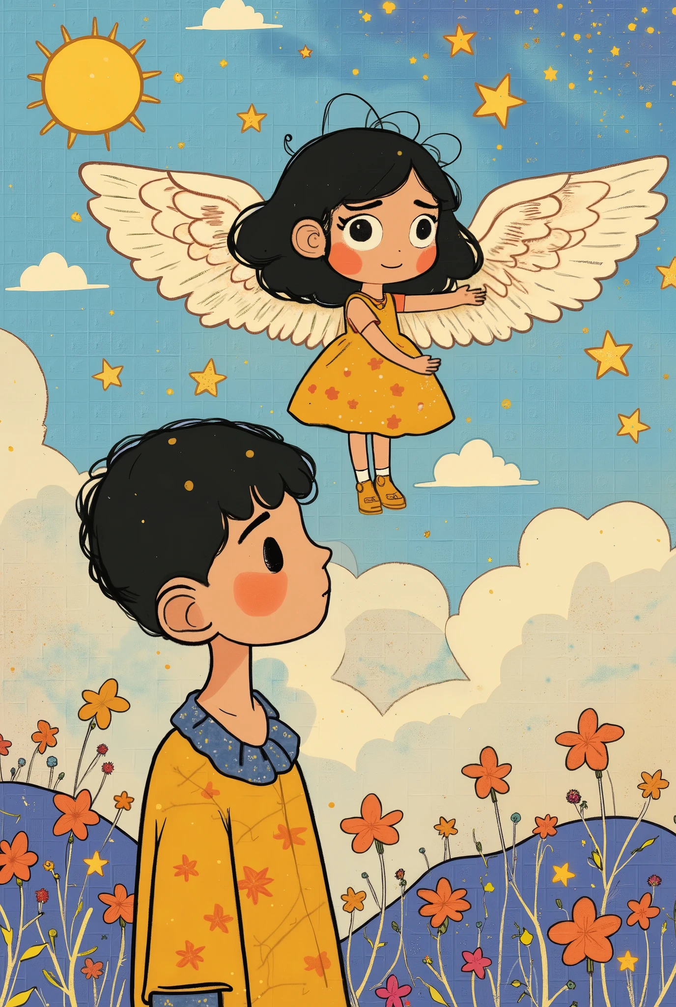 A girl in heaven, peeking through the clouds at the earth, a boy on earth, sensing something and looking up to the sky. A streak of sparkling gold dust, a gentle world of colorful pastel colors.