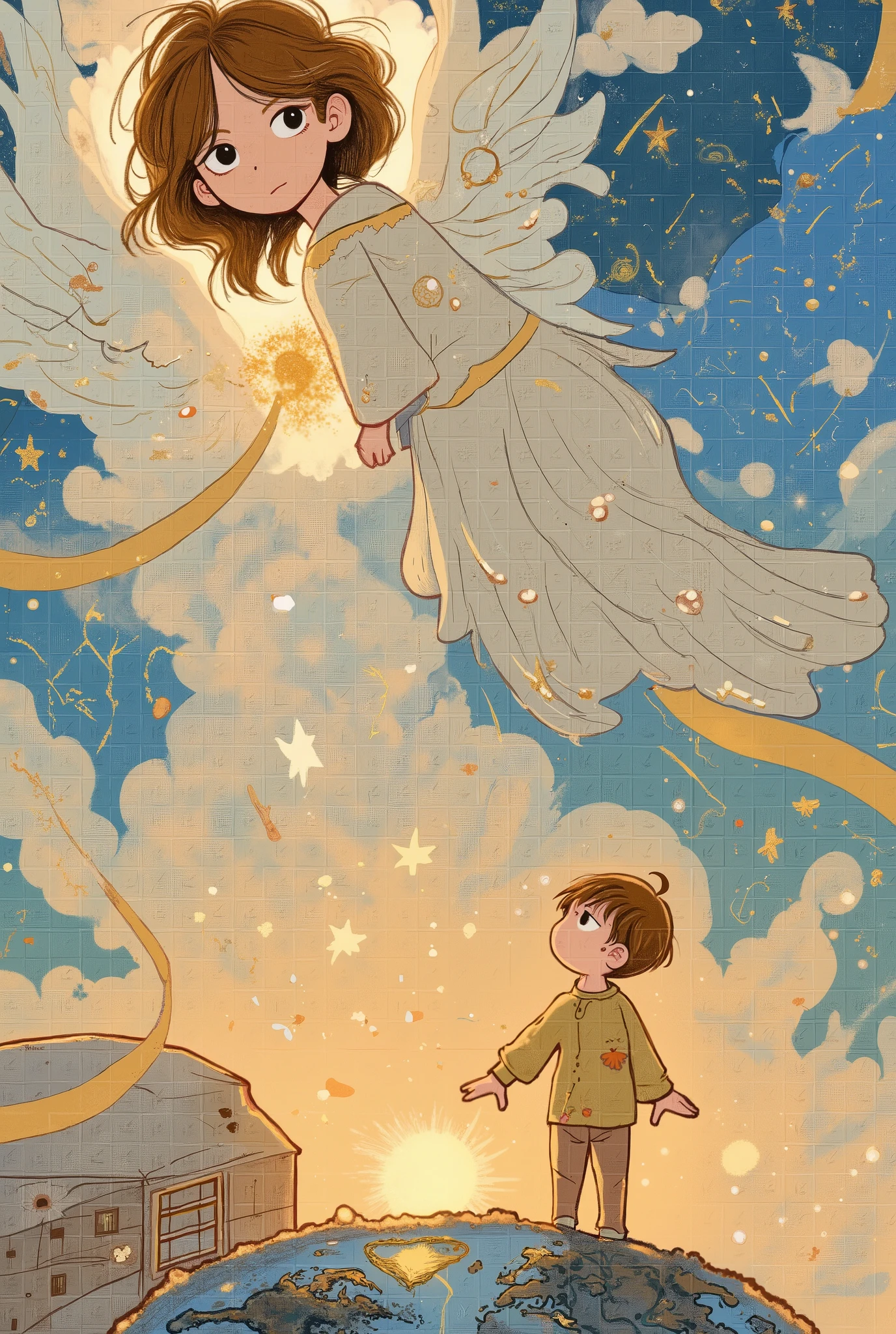 A girl in heaven, peeking through the clouds at the earth.
a boy on earth, sensing something and looking up to the sky.
A streak of sparkling gold dust, a gentle world of colorful pastel colors.