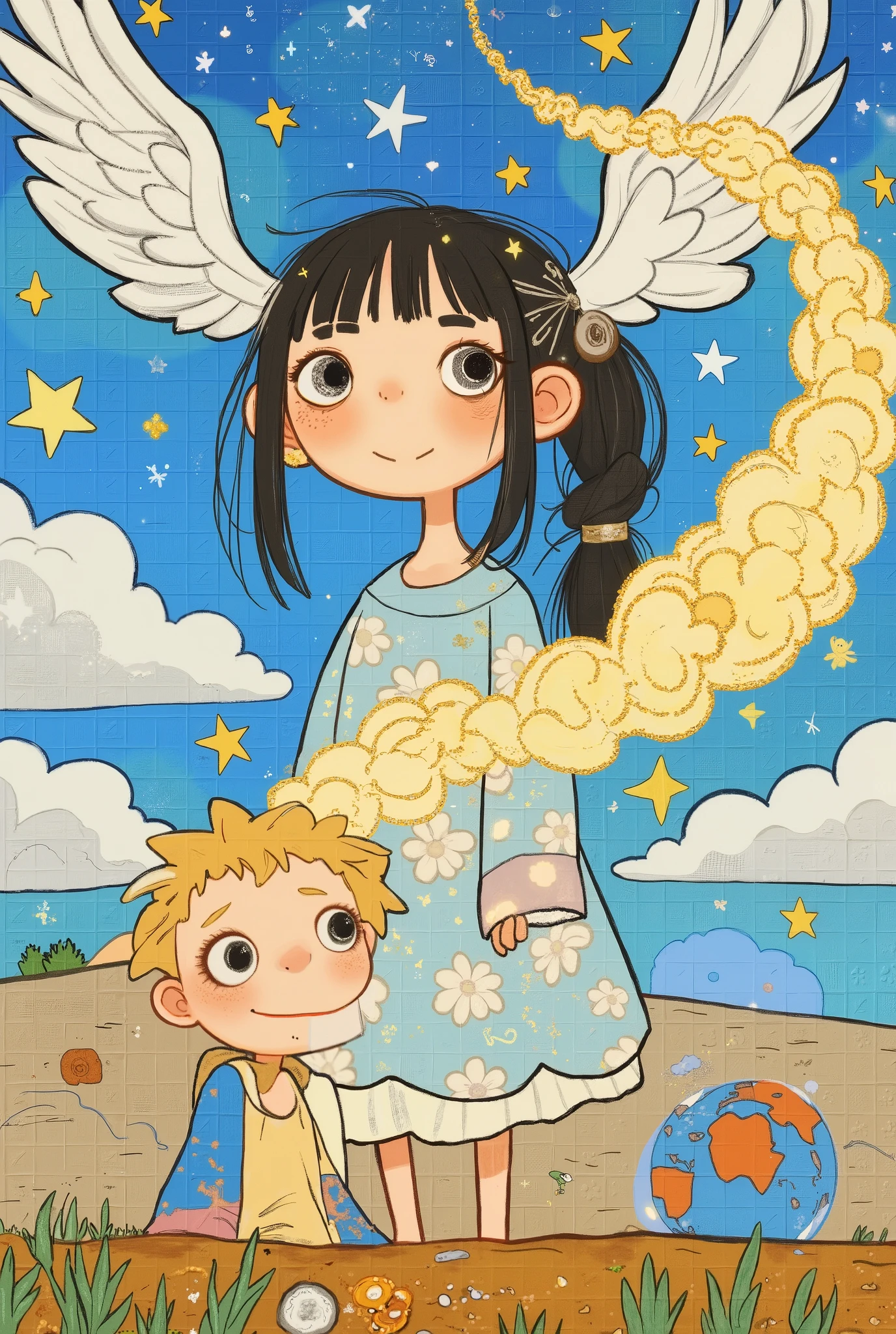 A girl in heaven, peeking through the clouds at the earth. 
a boy on earth, sensing something and looking up to the sky. 
A streak of sparkling gold dust, a gentle world of colorful pastel colors.