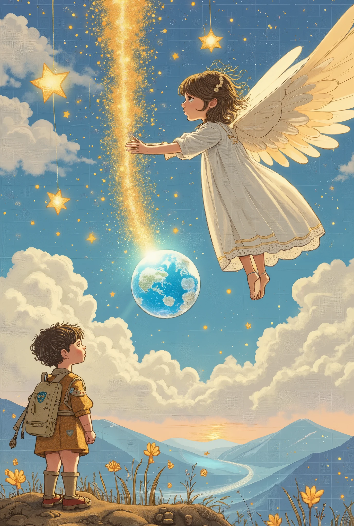 A girl in heaven, peeking through the clouds at the earth.
BREAK a boy on earth, sensing something and looking up to the sky.
BREAK a streak of sparkling gold dust, a gentle world of colorful pastel colors.