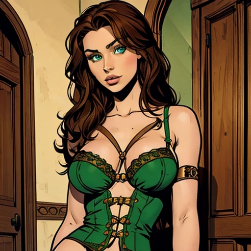 Me in a gothic setting of Castlevania, brown and curly hair, elongated and well-defined face with features of a tall woman with Italian ancestry, wearing blue bikini and metallic silver, green eyes, wide hips, intricate details. The background is dark and Gothic, adding to the mysterious atmosphere. This art is on the rise at ArtStation, capturing the essence of the iconic Symphony of the Night game. The illustration is soft, with sharp focus, showing the beauty and fascination of me